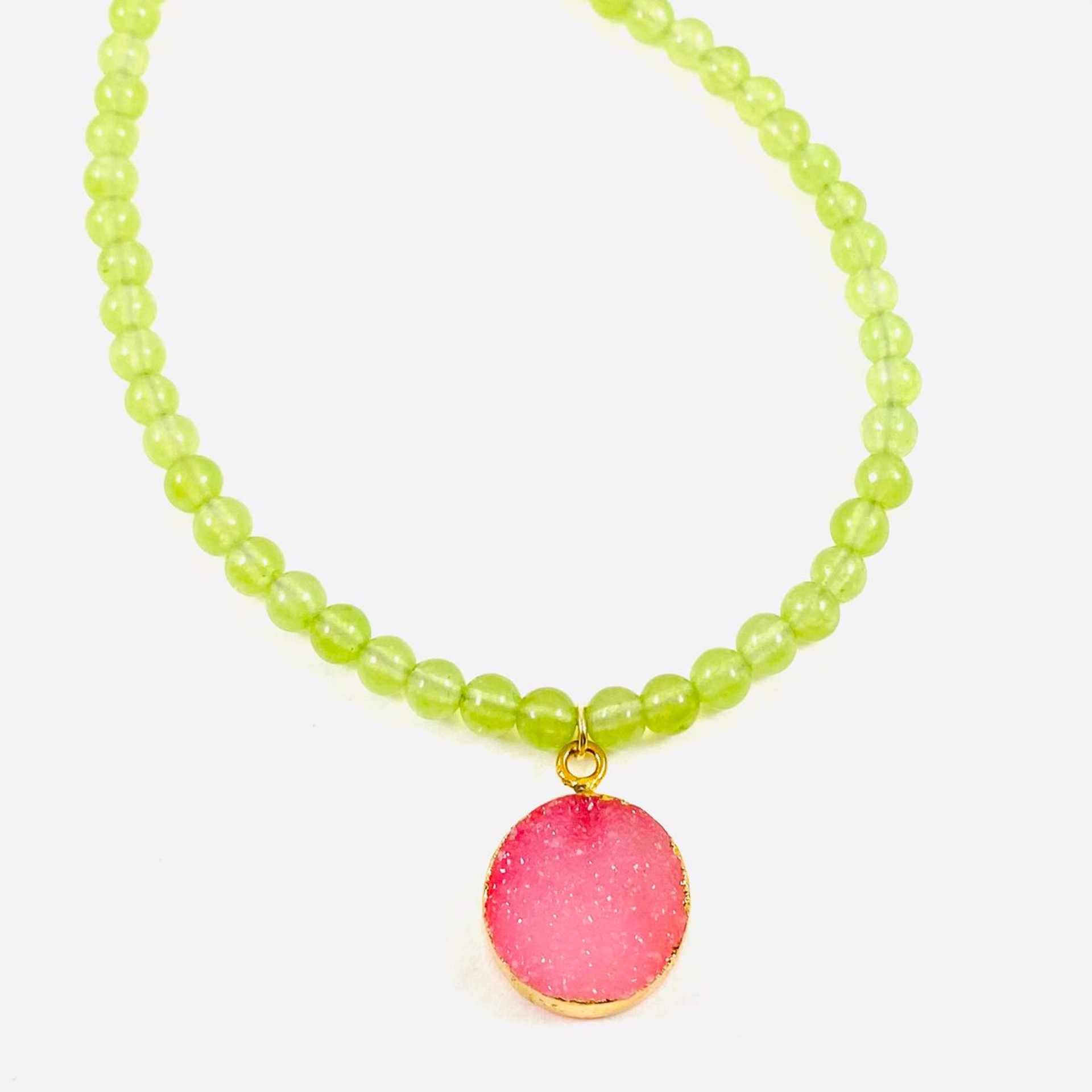 Olive Jade Round Pink Druzy Pendant Necklace by Nance Trueworthy