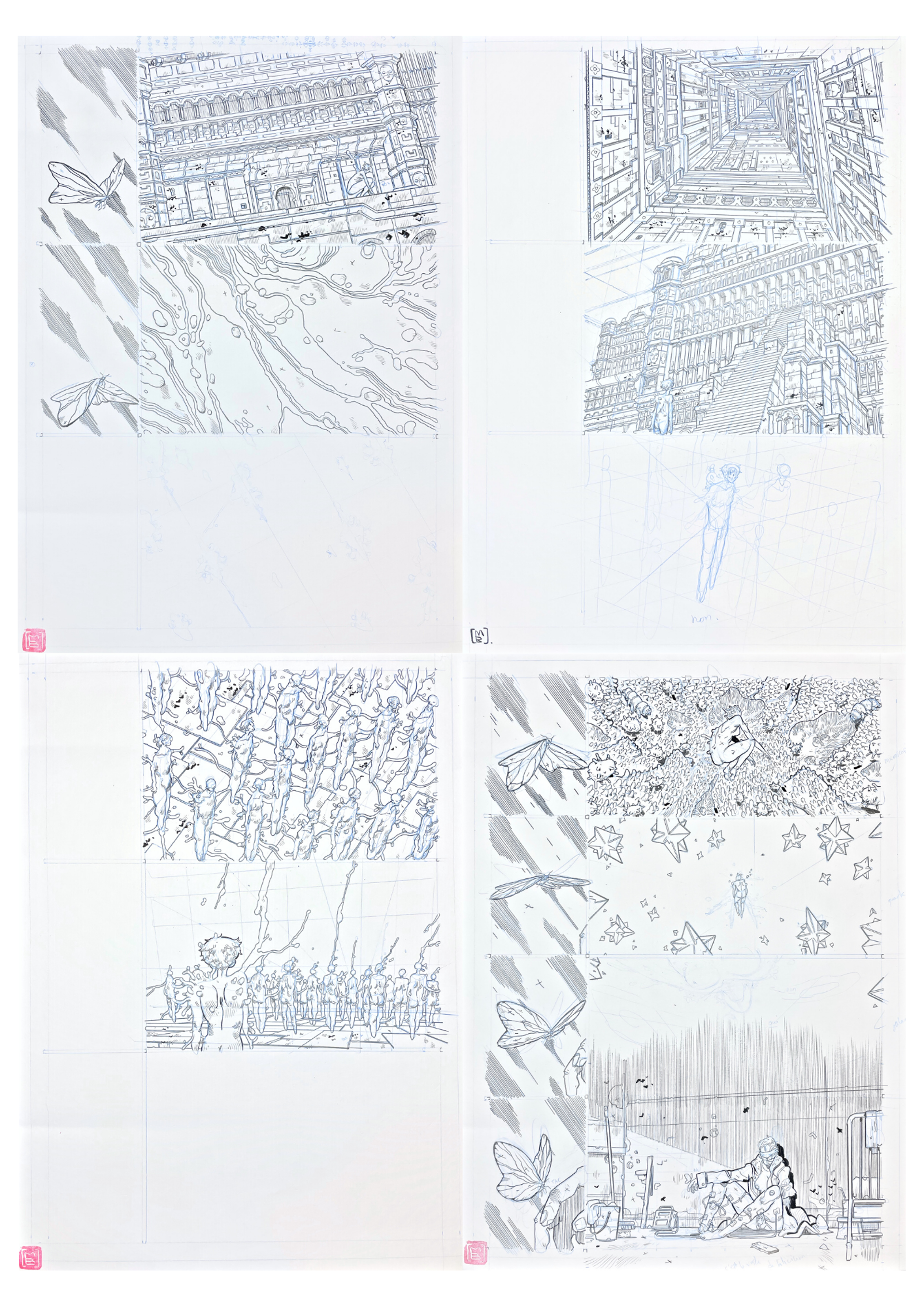 Set of four strips published on Page #211 (partial), #212 & #213, from Carbone et Silicium, 2019 by Mathieu Bablet