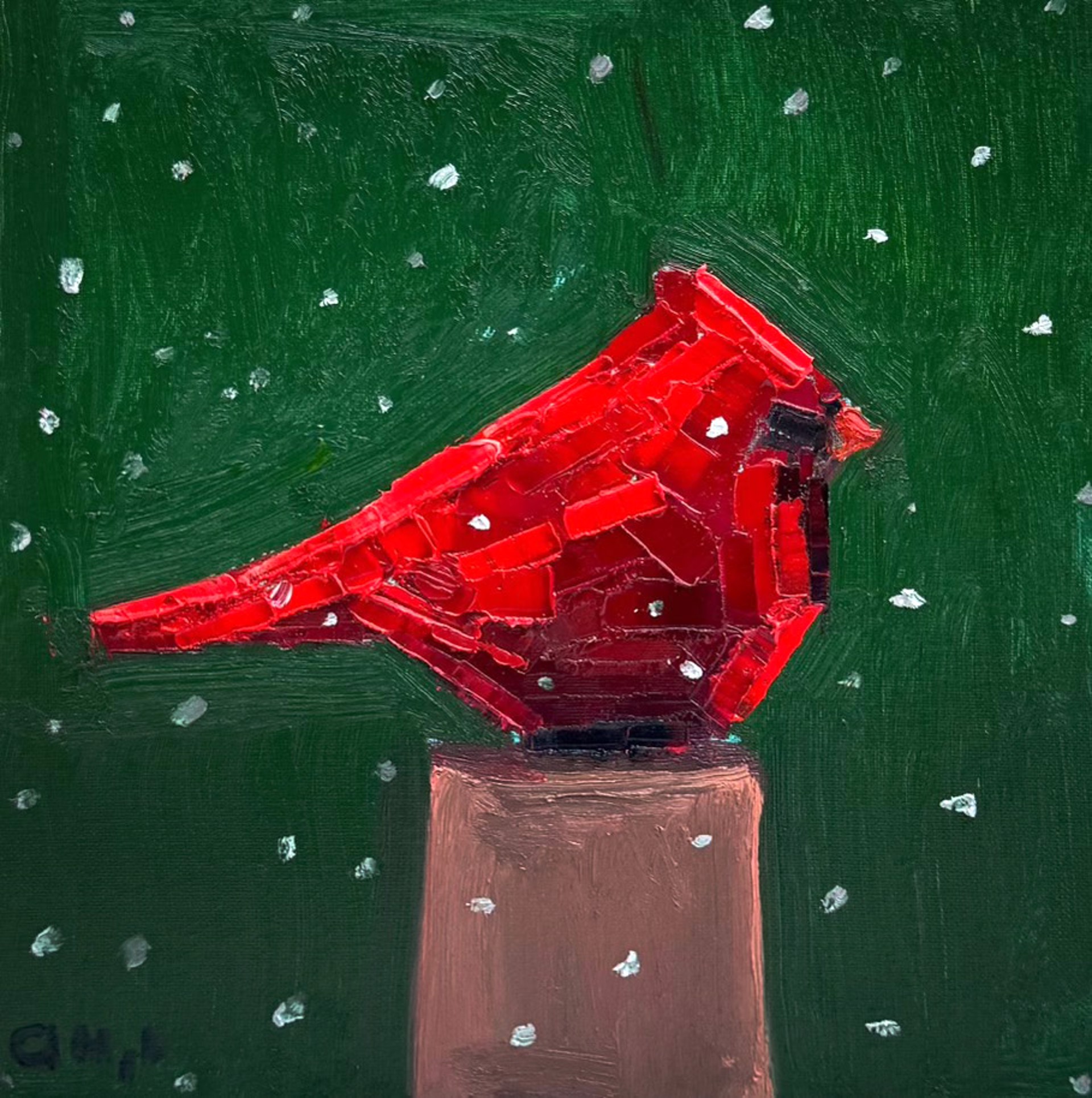 Original Oil Painting By Aaron Hazel Featuring A Red Cardinal On Dark Green Background