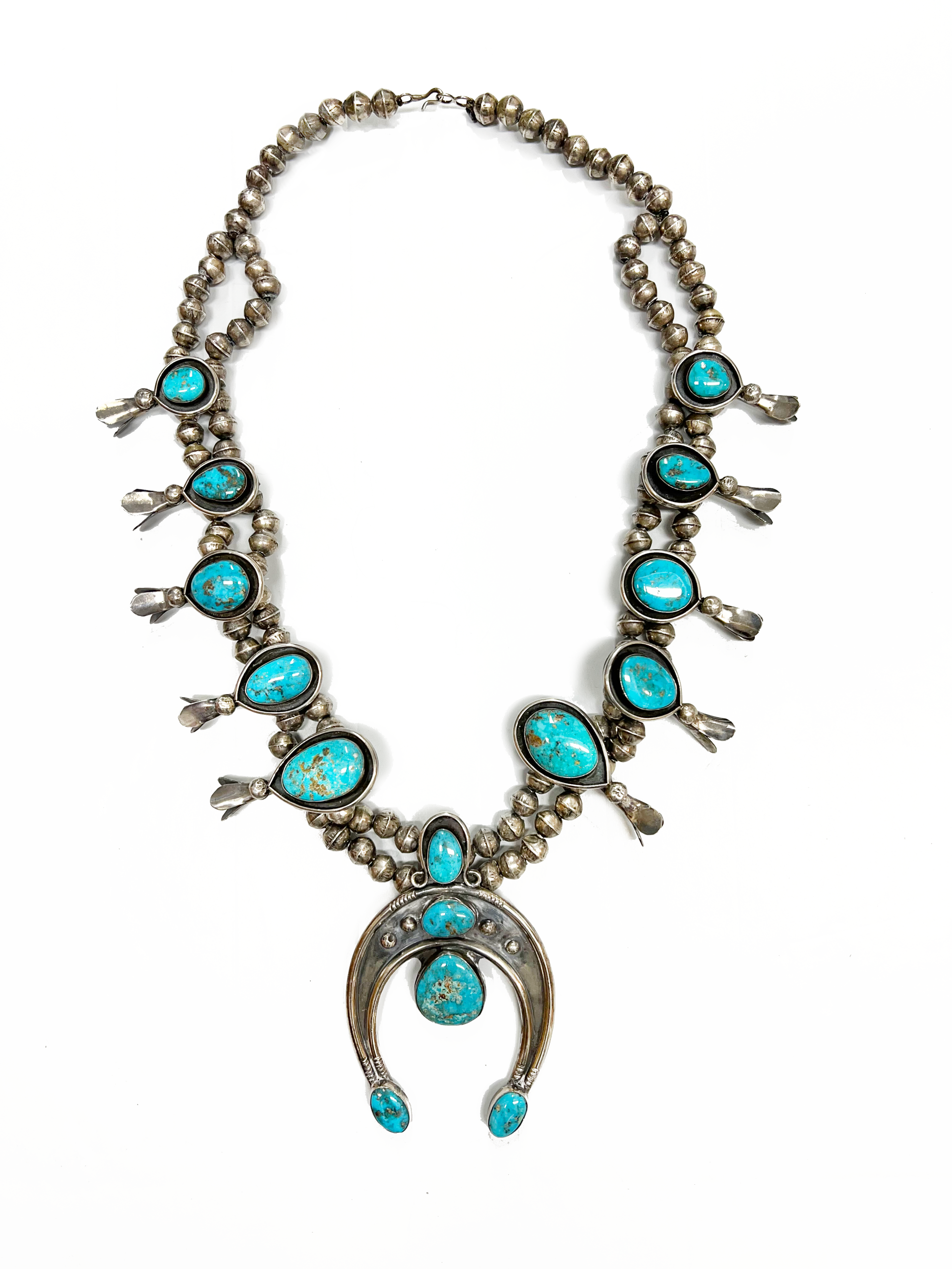 Silver and Turquoise Squash Blossom Necklace by Vintage Native American Jewelry