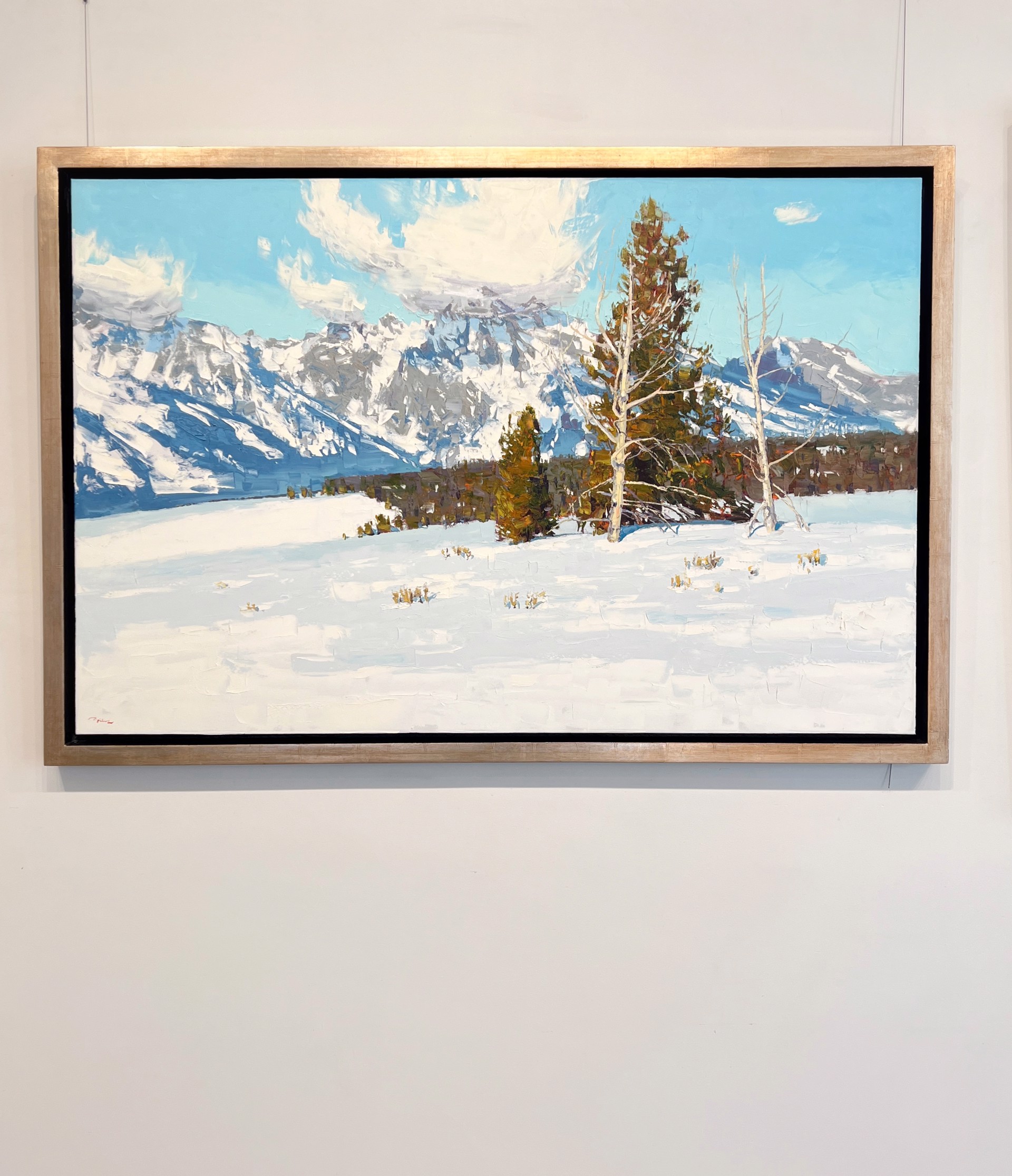 Original Oil Landscape Painting Featuring Snow Covered Mountains In Clouds And Pine Trees In The Foreground