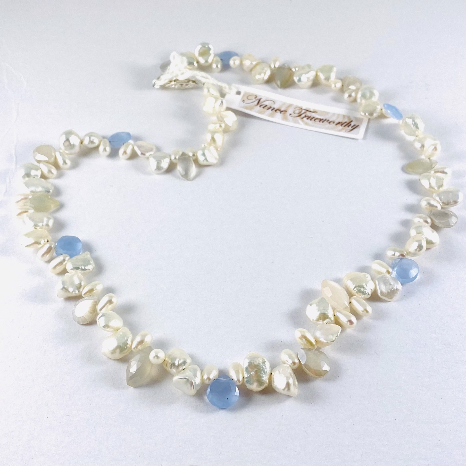 PN5-"Signature" Necklace of Keshi Pearls with Blue Chalcedony, coated Moonstone by Nance Trueworthy