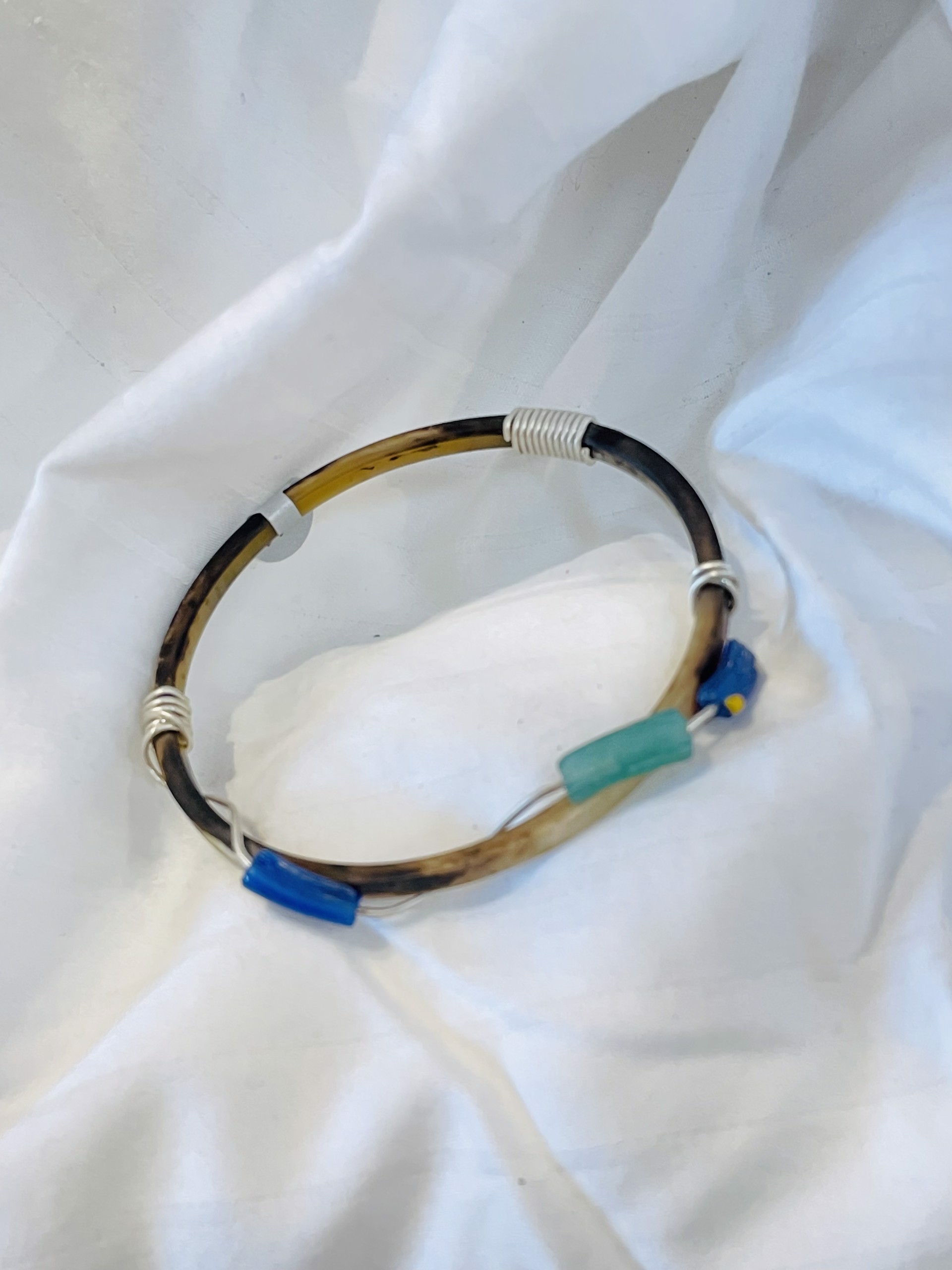 Bracelet - Tusk Horn Bangle With Roman Sea Glass Beads AC 261 by Annette Campbell