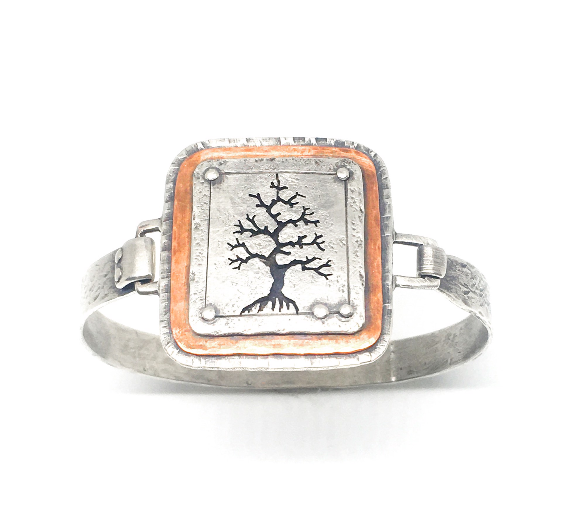 "Arvore"  Handmade Silver & Copper Riveted Hinged Tree Cuff by Grace Ashford