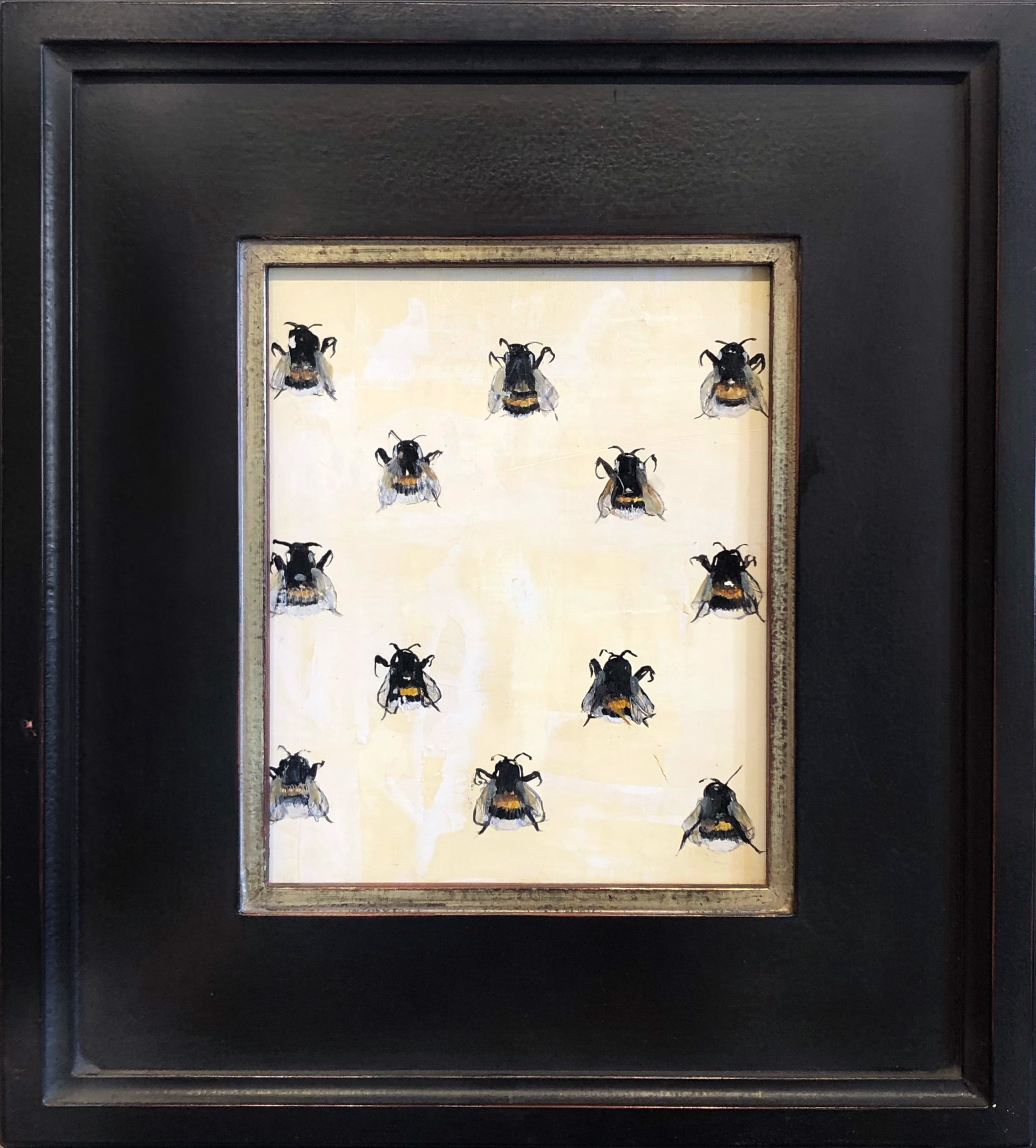 An Original Oil Painting Of Bees Arranged In A Pattern On A Warm Cream Contemporary Background, By Jenna Von Benedikt
