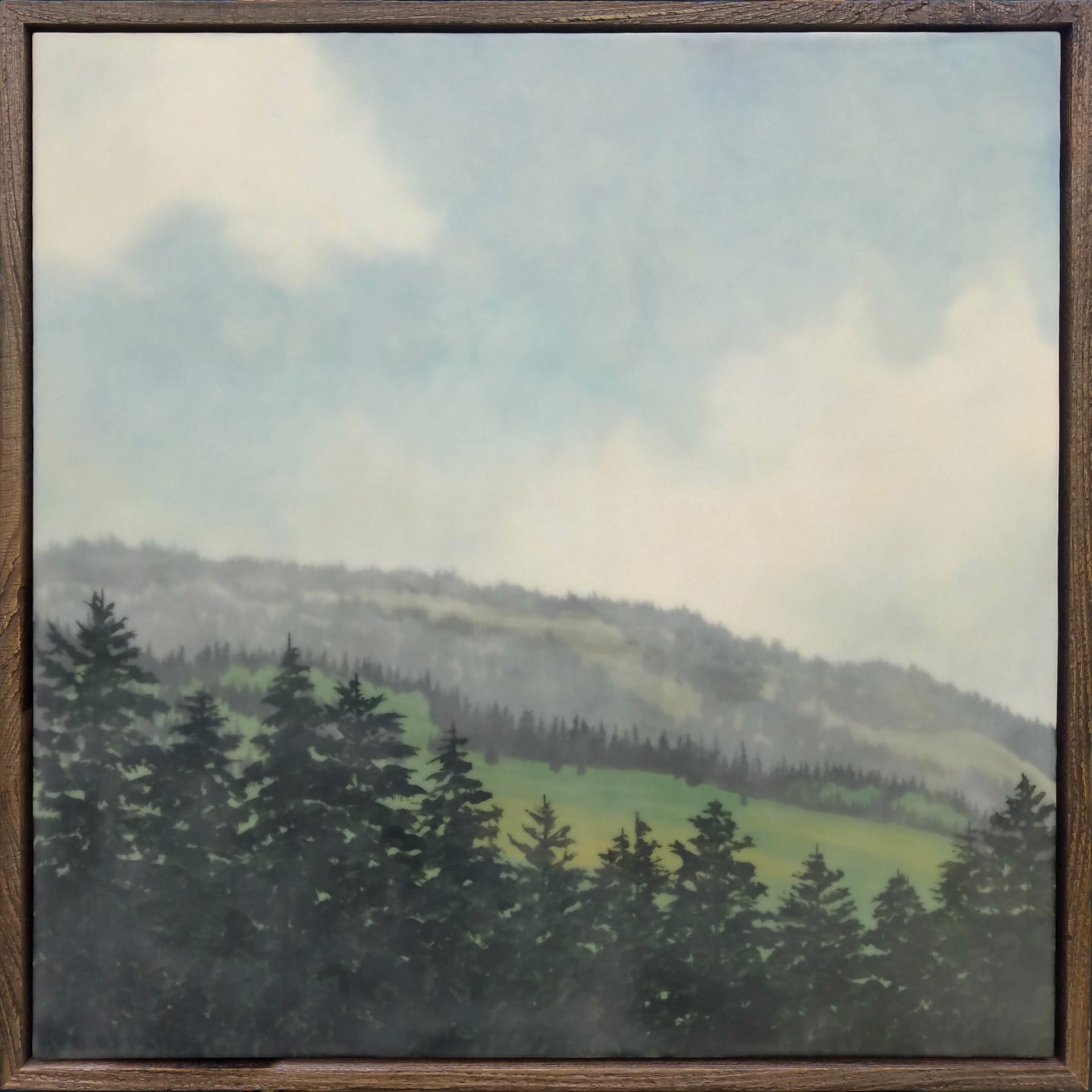 Original Encaustic Landscape Featuring A Green Hill And Blue Sky