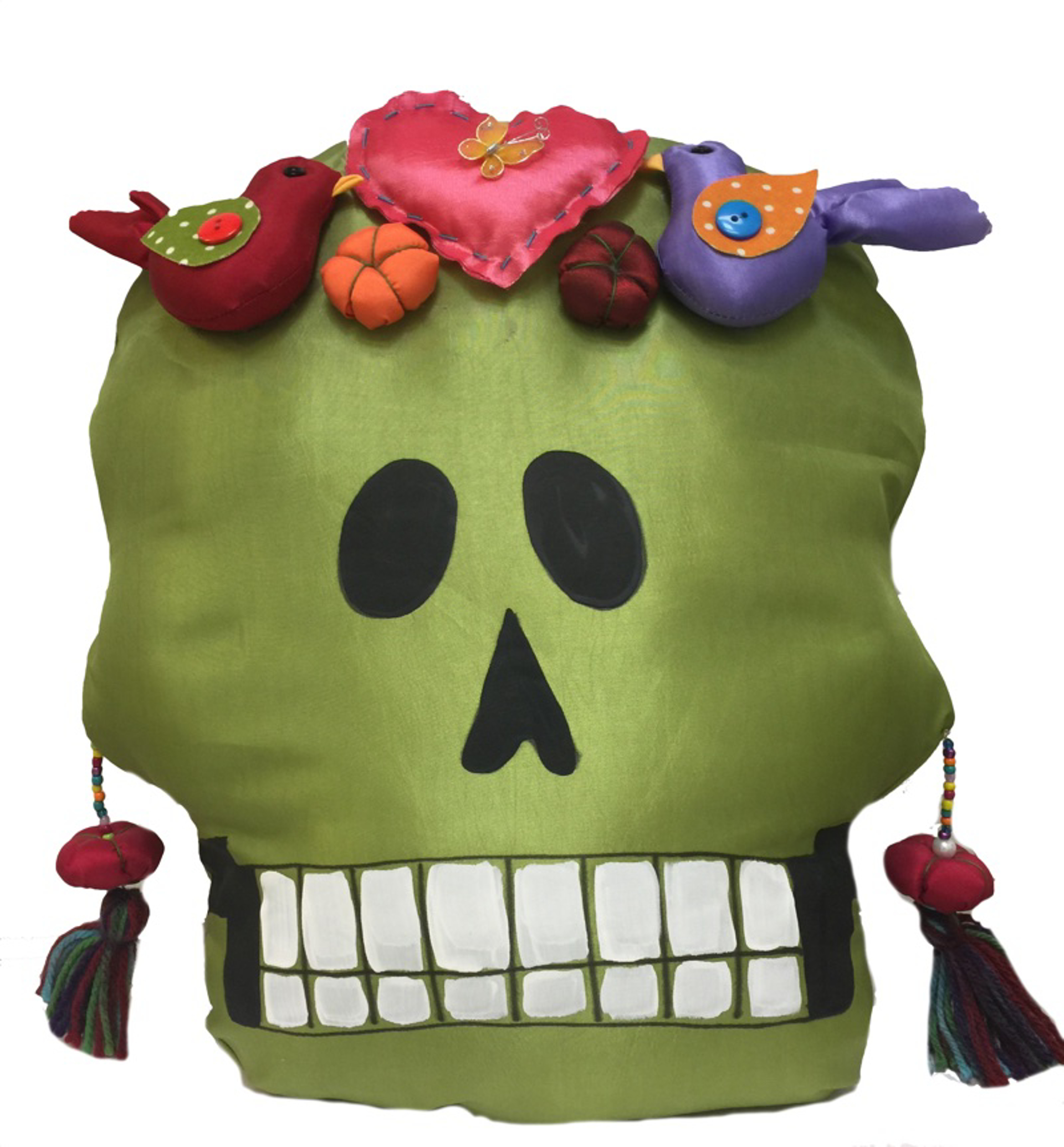 Pillow - Calavera Grande - Hand-painted fabric and sewn - Green  with Pink Heart & Birds by Indigo Desert Ranch - Day of the Dead