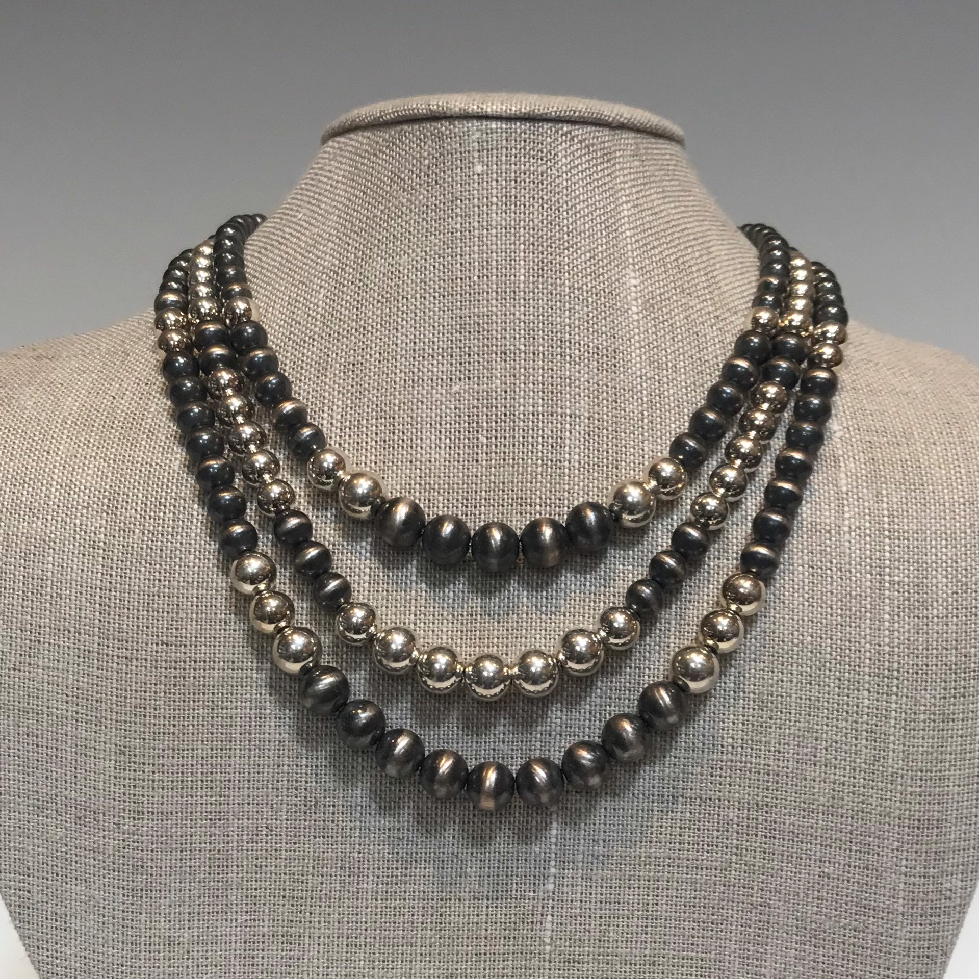 17" Necklace - Triple Strand Oxidized Sterling Silver Beads by Suzanne Woodworth