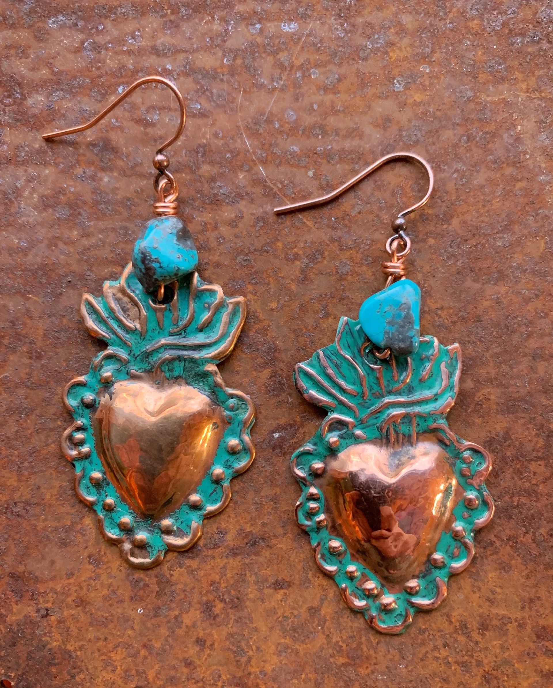 K796 Sacred Heart Earrings with Turquoise by Kelly Ormsby