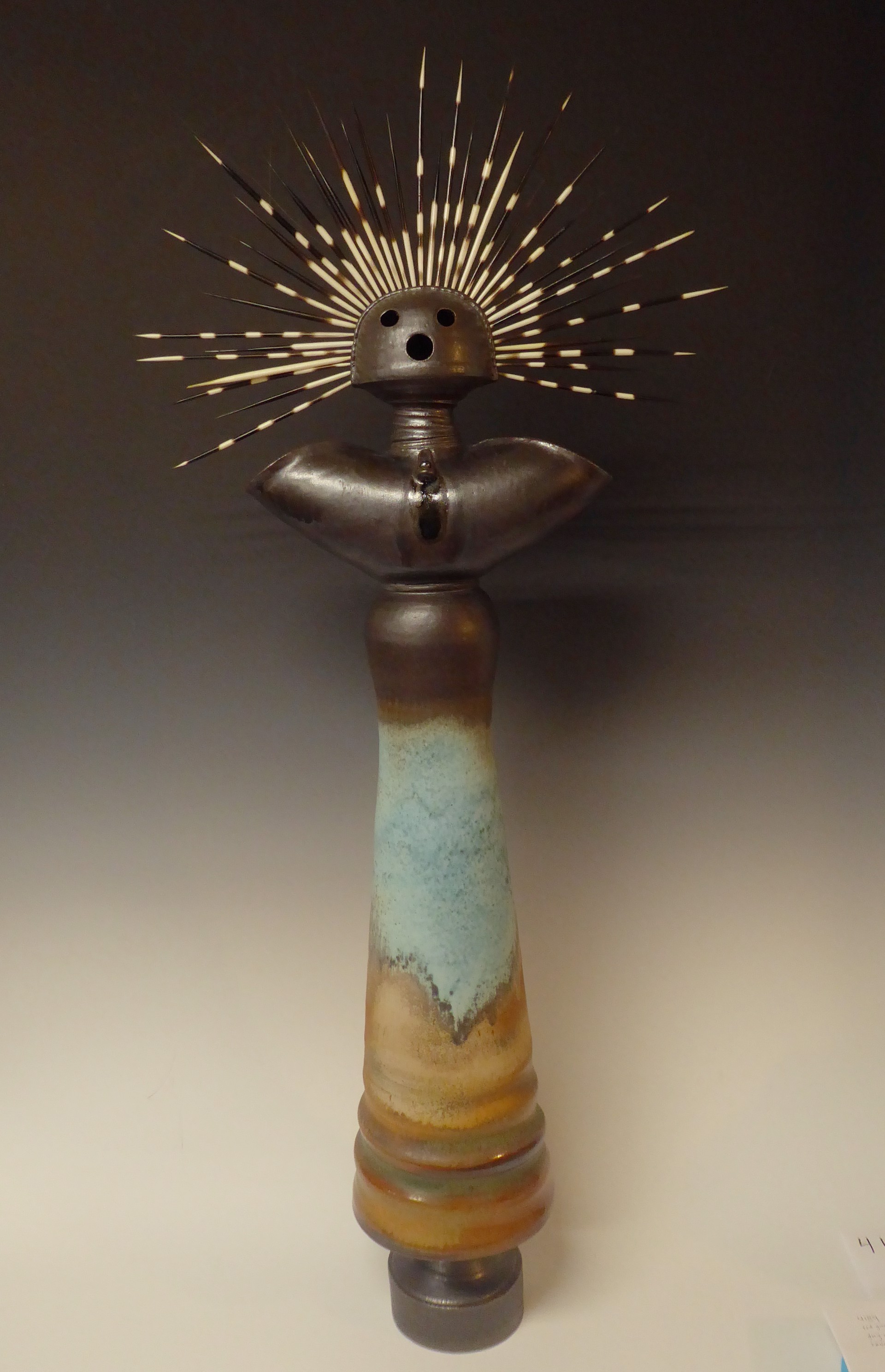 Porcupine Crown Kachina ~ Sculpted and Thrown Ceramic with Porcupine Quills in Gray and Turquoise by Heath Krieger