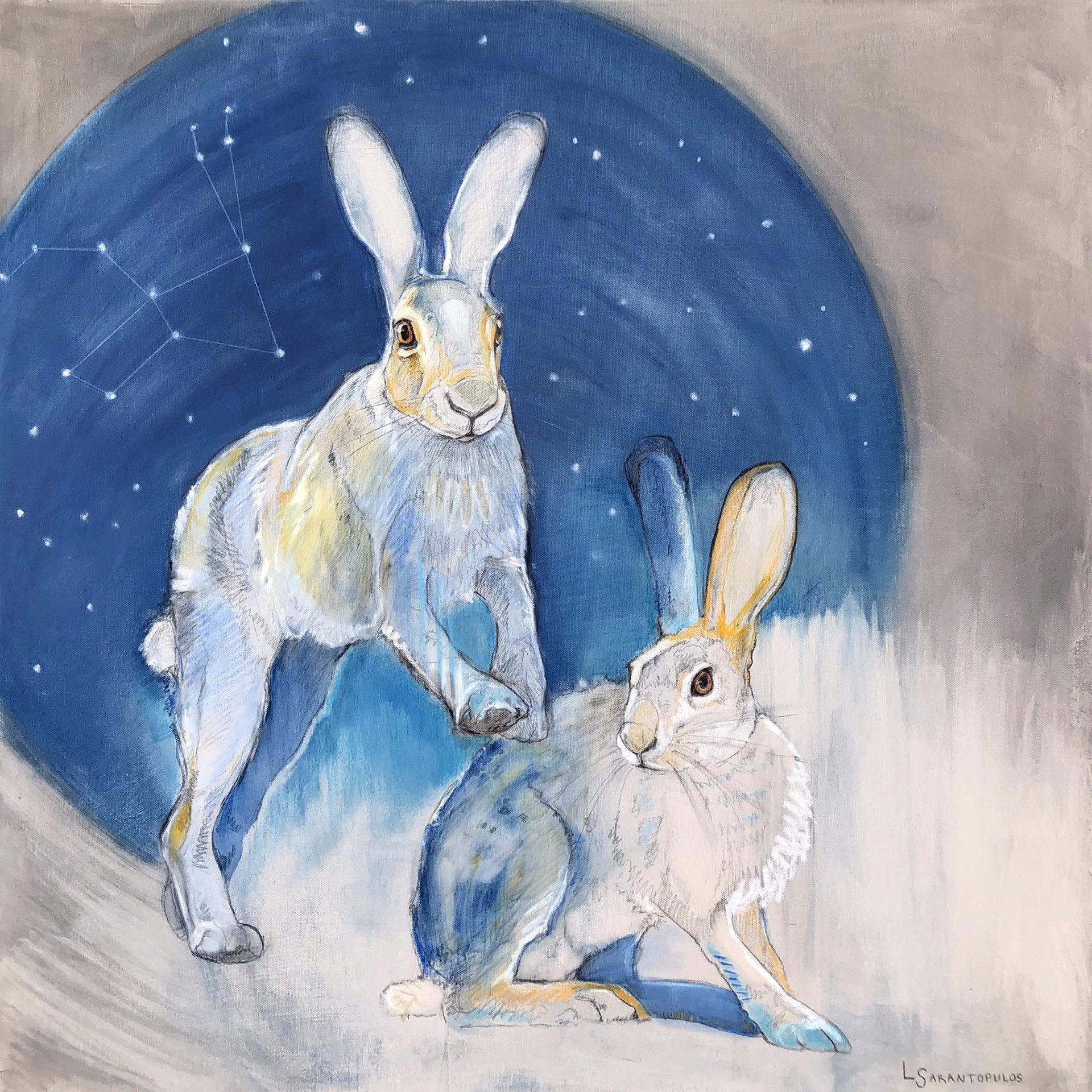 Original Mixed Media Painting Featuring Two Rabbits On Abstract Gray Background With Large Blue Circle And Constellation Detail