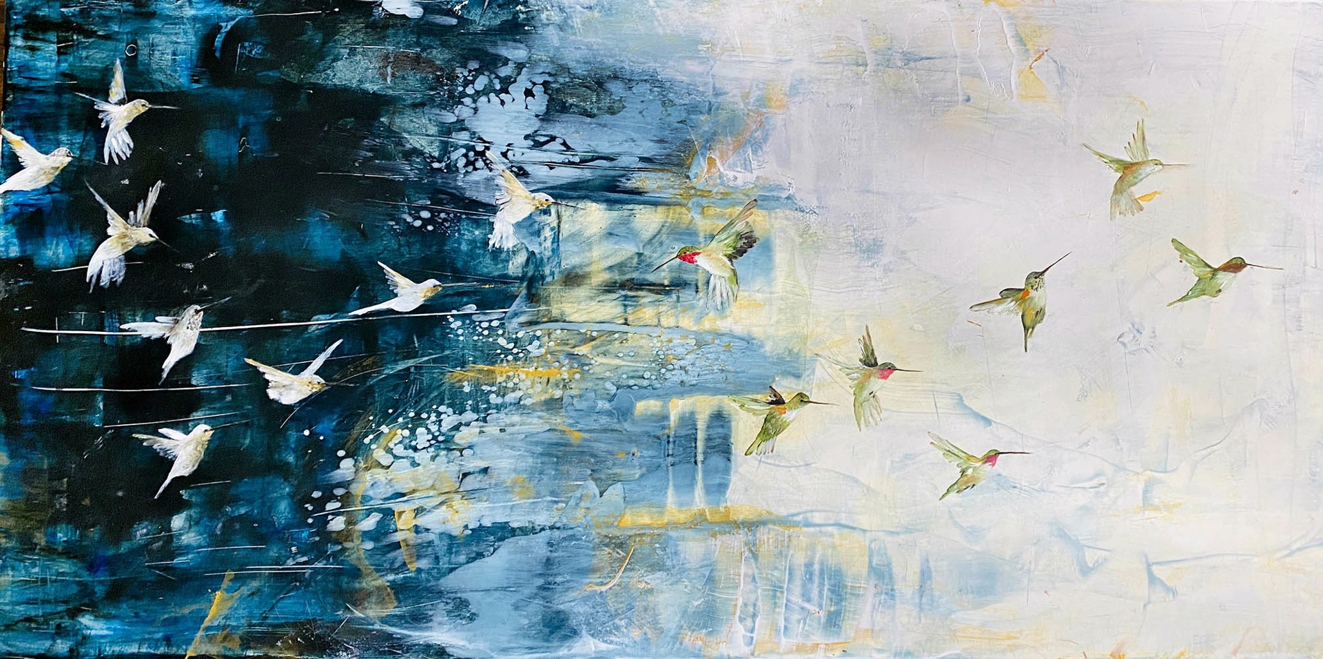 Original Oil Painting Featuring Hummingbirds in Flight Over Abstract Dark Blue To Light Yellow Gradient Background