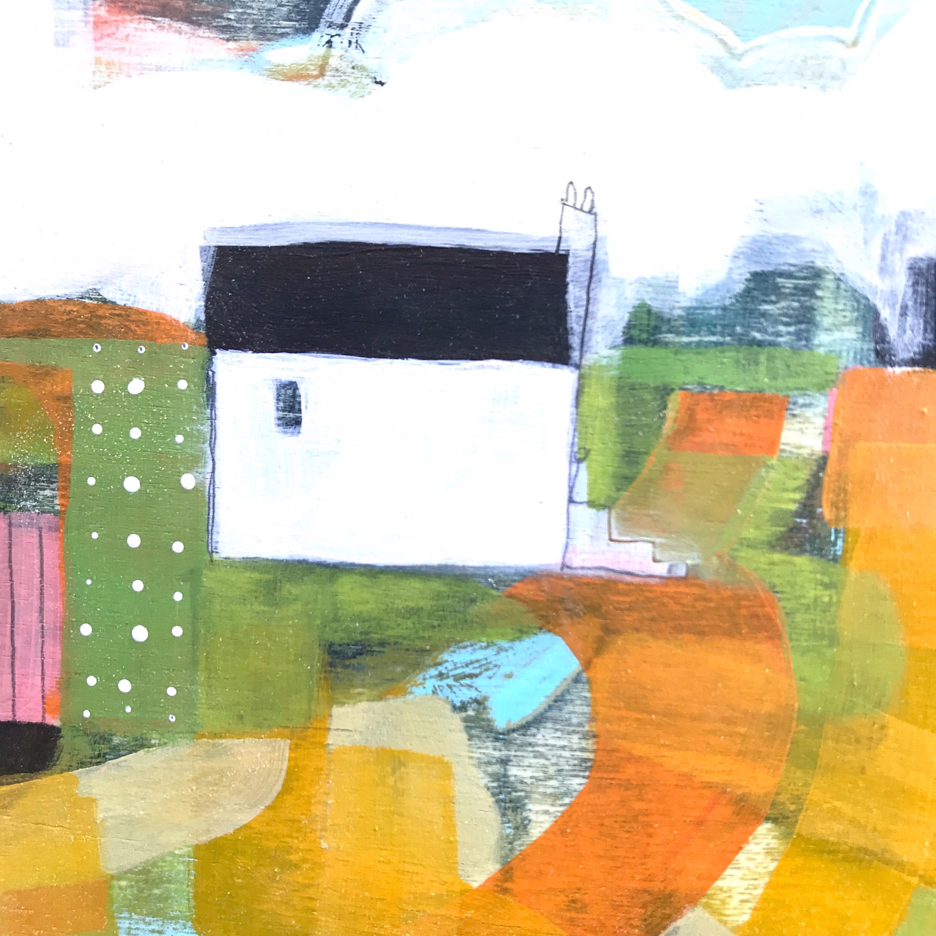 White Farmhouse with Orange Fields by Rachael Van Dyke