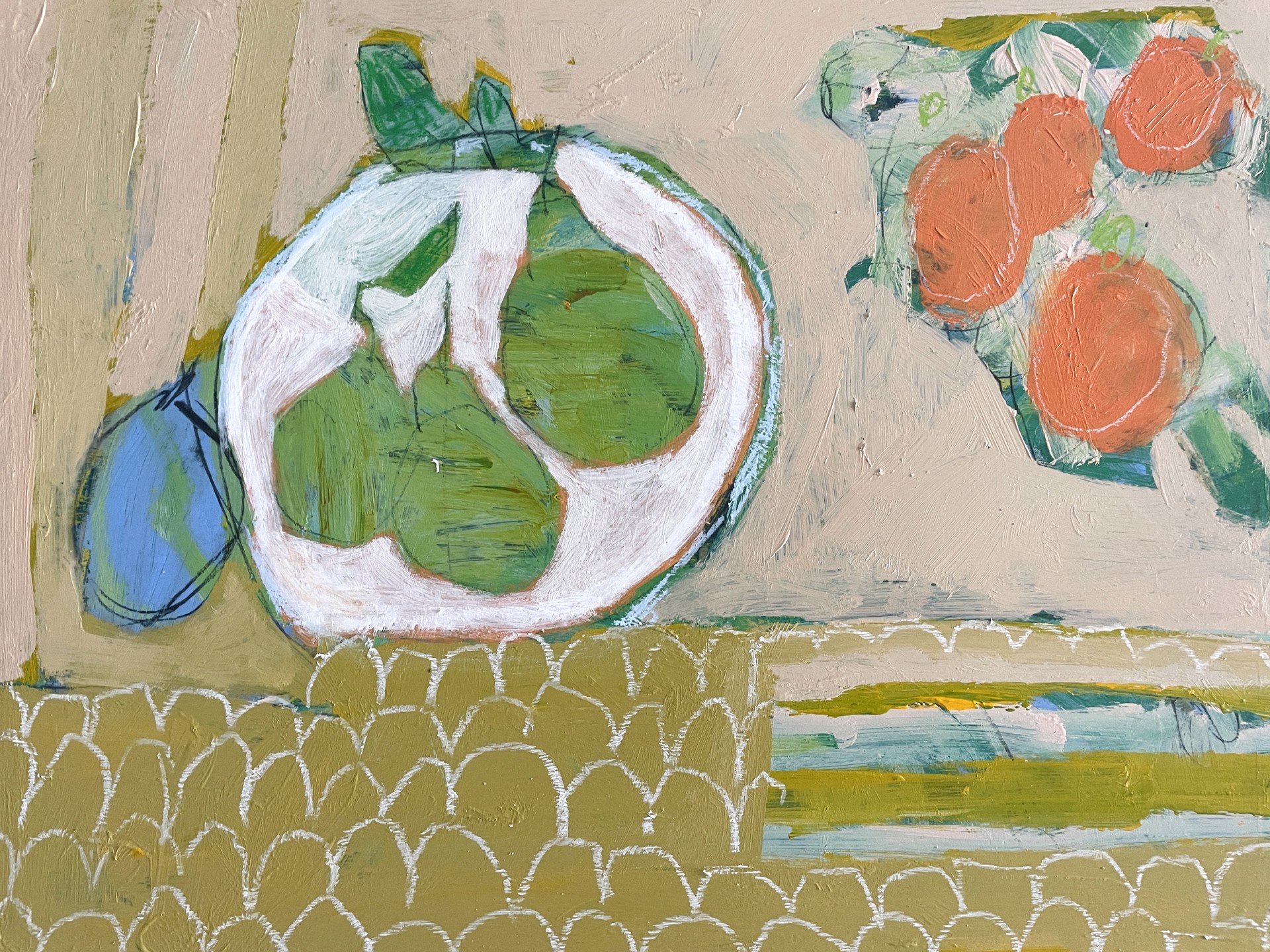 Pears and Oranges on Table by Rachael Van Dyke