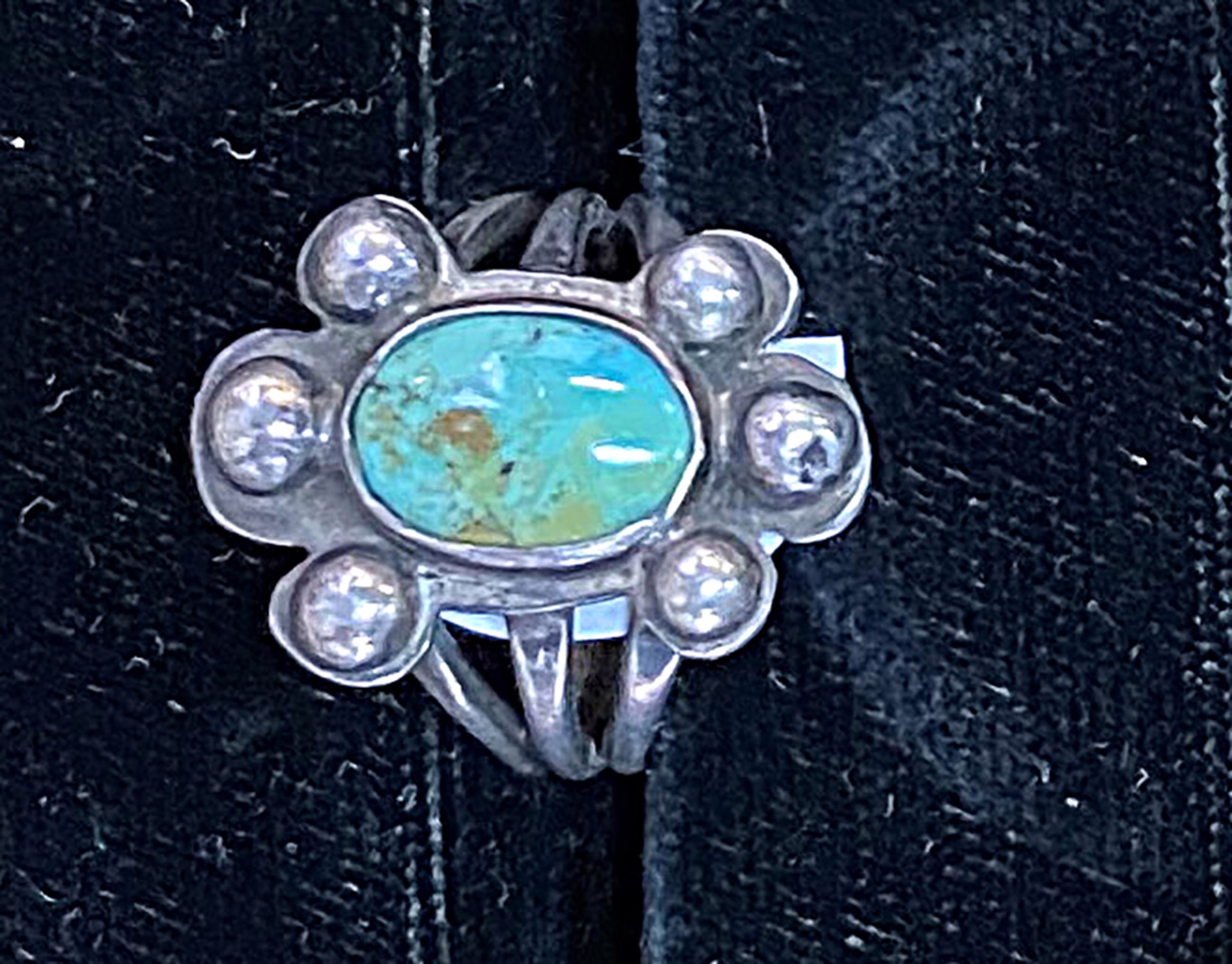 Turq silver ring-oval stone, 6 silver balls KB015 by Karen Bell