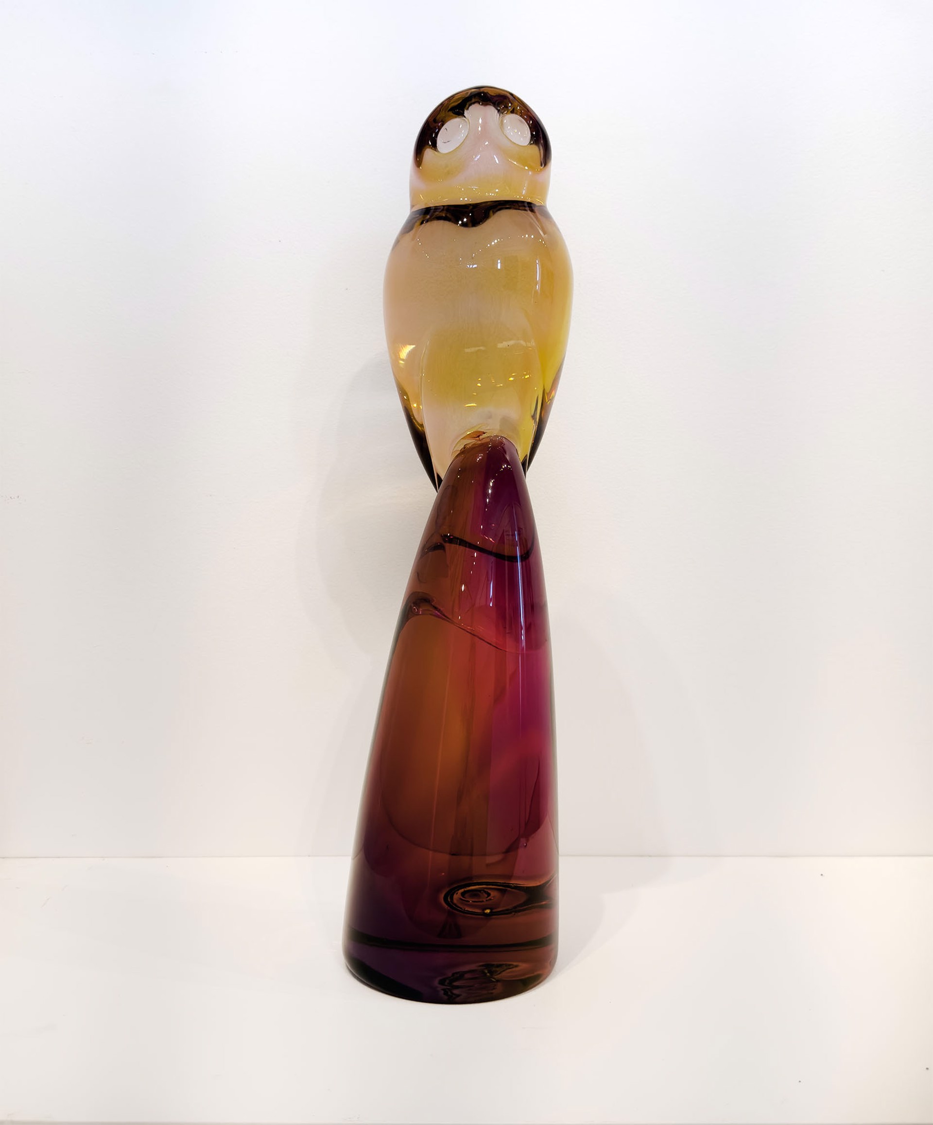 Original Hand Blown Glass Sculpture By Dan Friday Featuring A Yellow Owl Perched On Magenta Totem