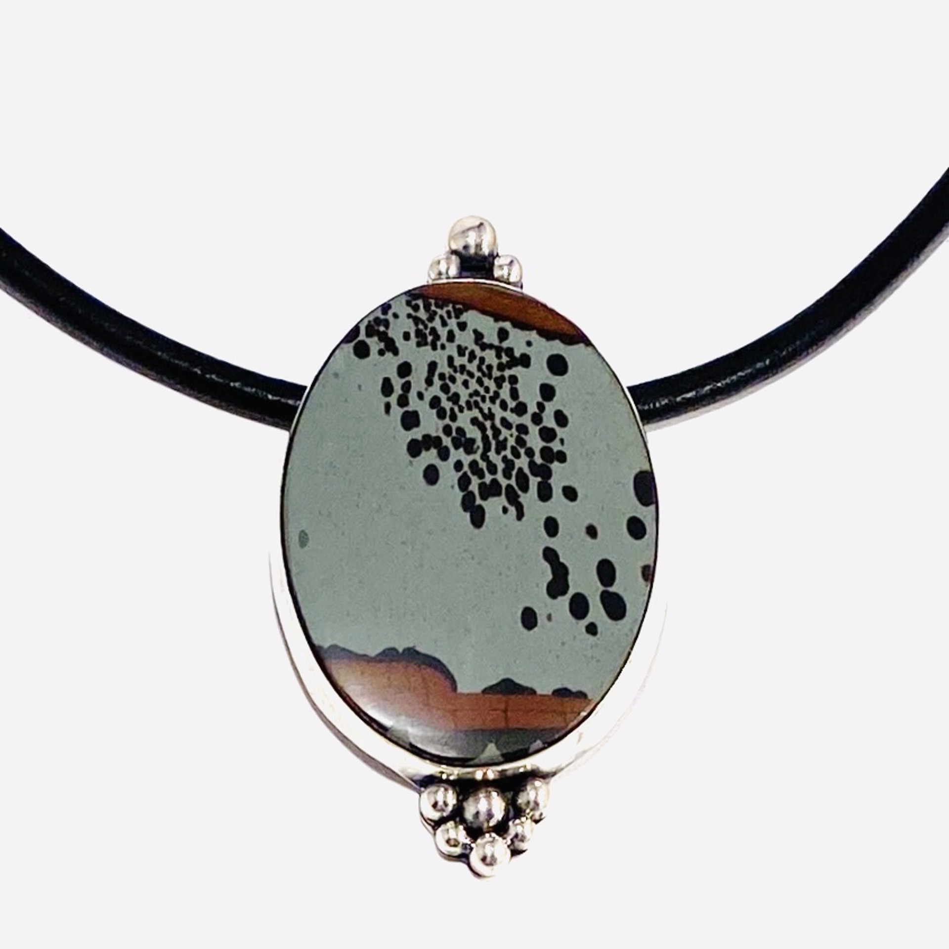Large Oval “Rain On The Rockies” Indian Paint Jasper Inlay, Pendant on Leather Cord Necklace AB23-26 by Anne Bivens