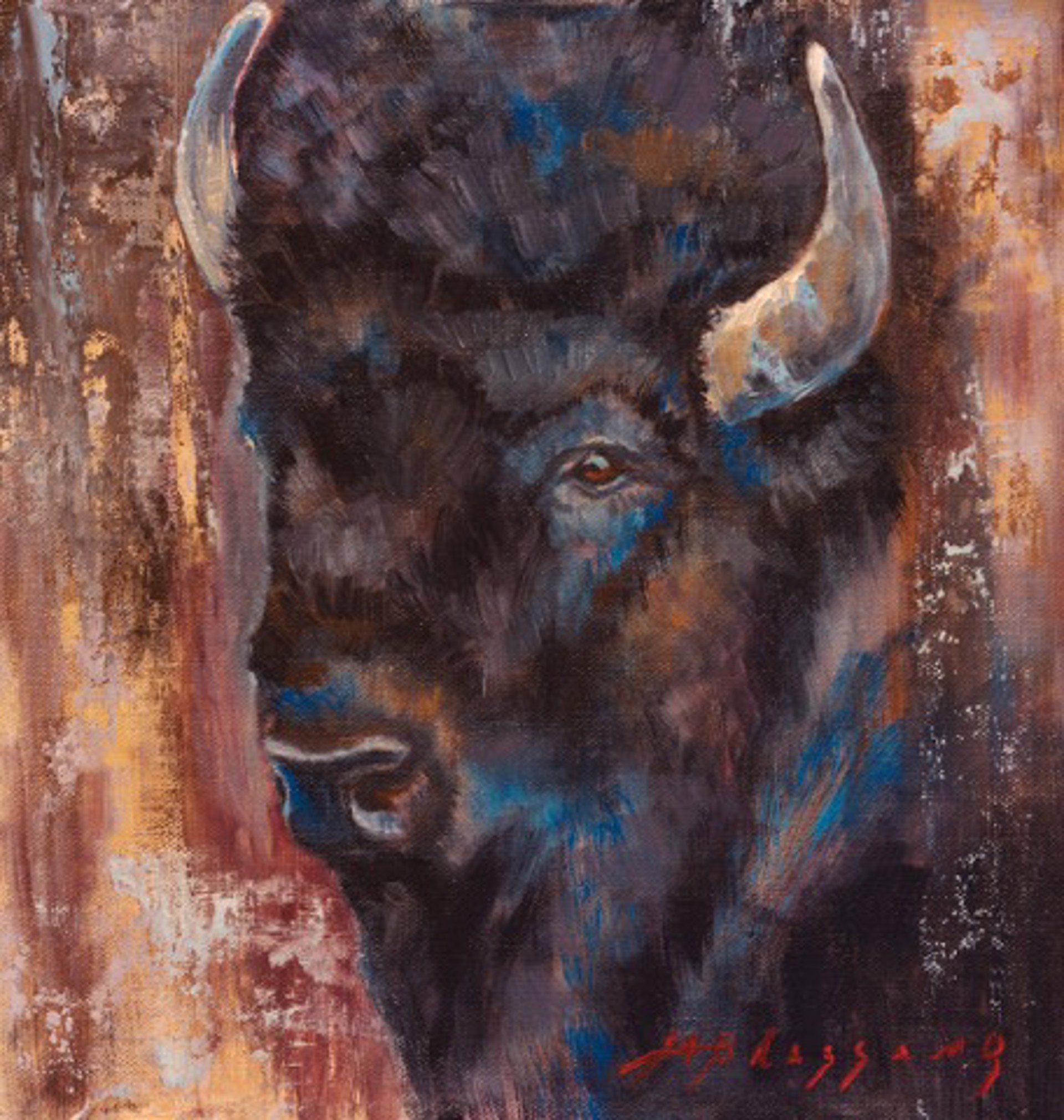 Original Oil Painting Featuring A Bison Portrait Over Abstract Background