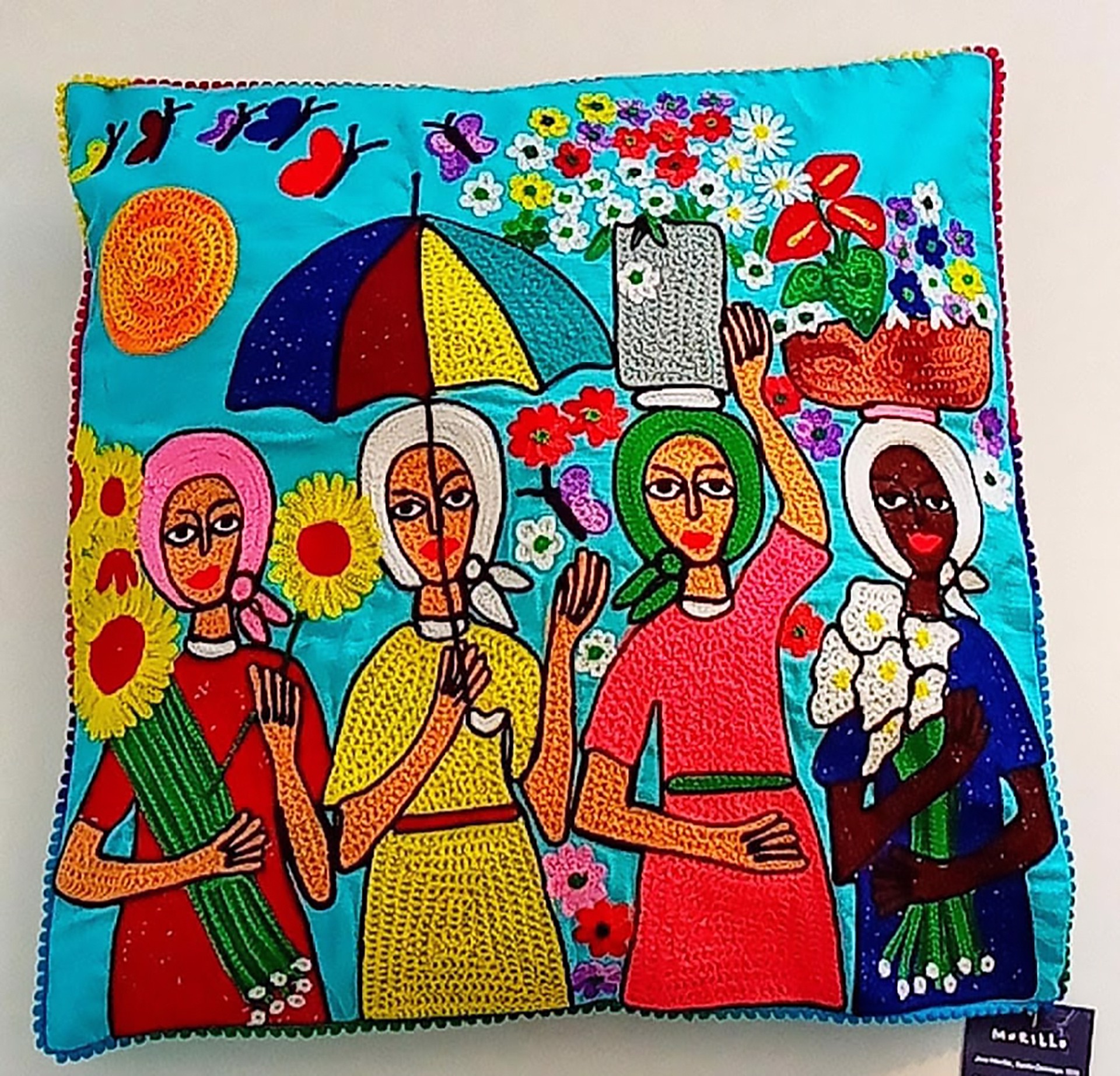 "Flower Sellers" Cotton Cushion #21JM-DR by José Morillo (Dominican, b.1975)