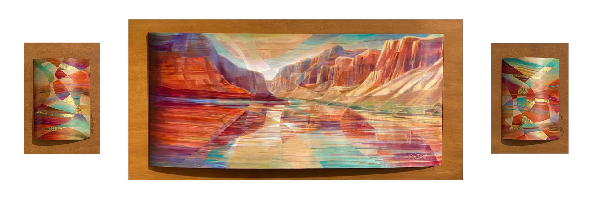 MacDonald Bennett Commission Based on Rivers Voice with Curved Horizonal painting. by Cynthia Duff