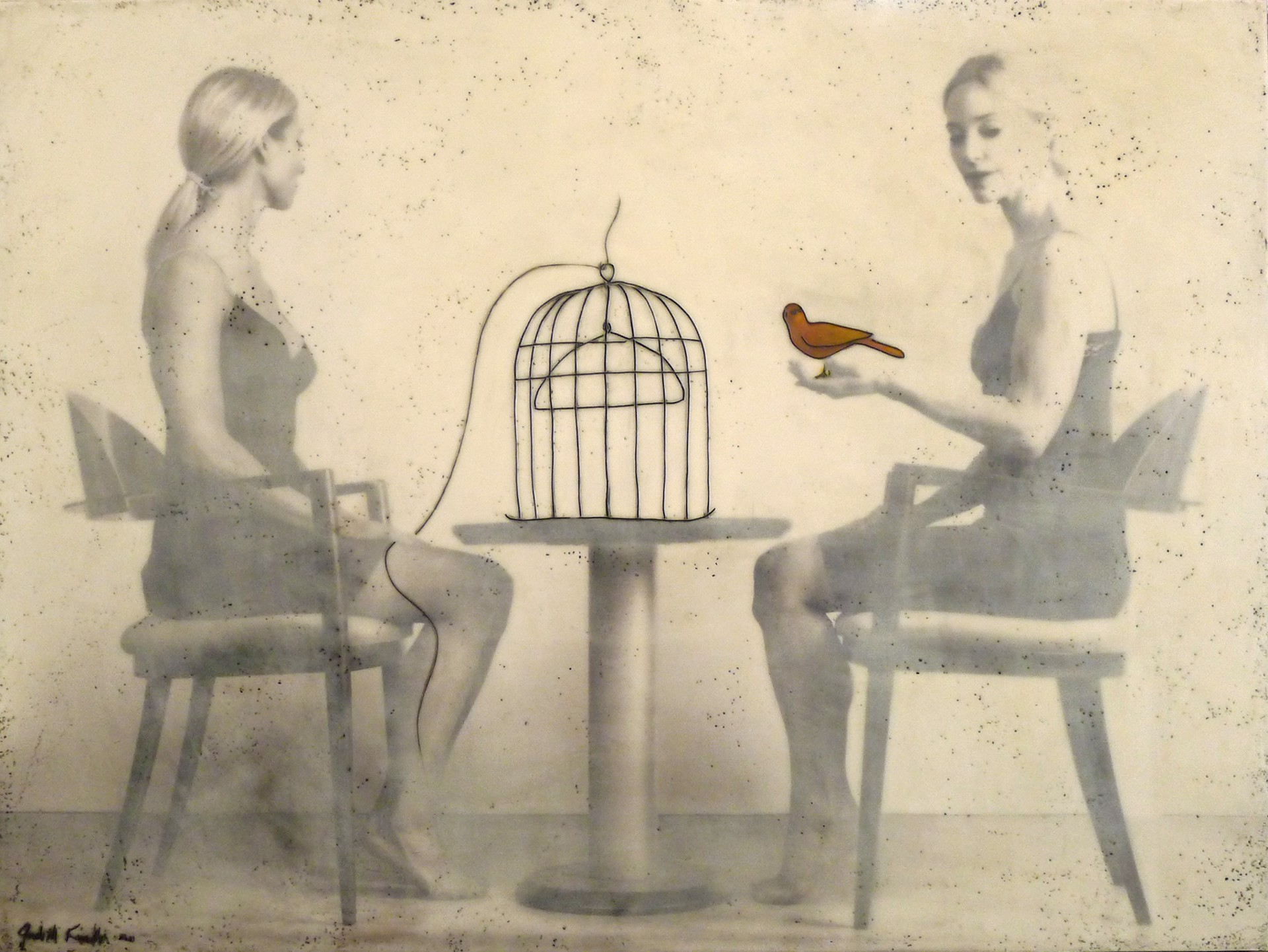 Red Bird, Cage & Two Women by Judith Kindler