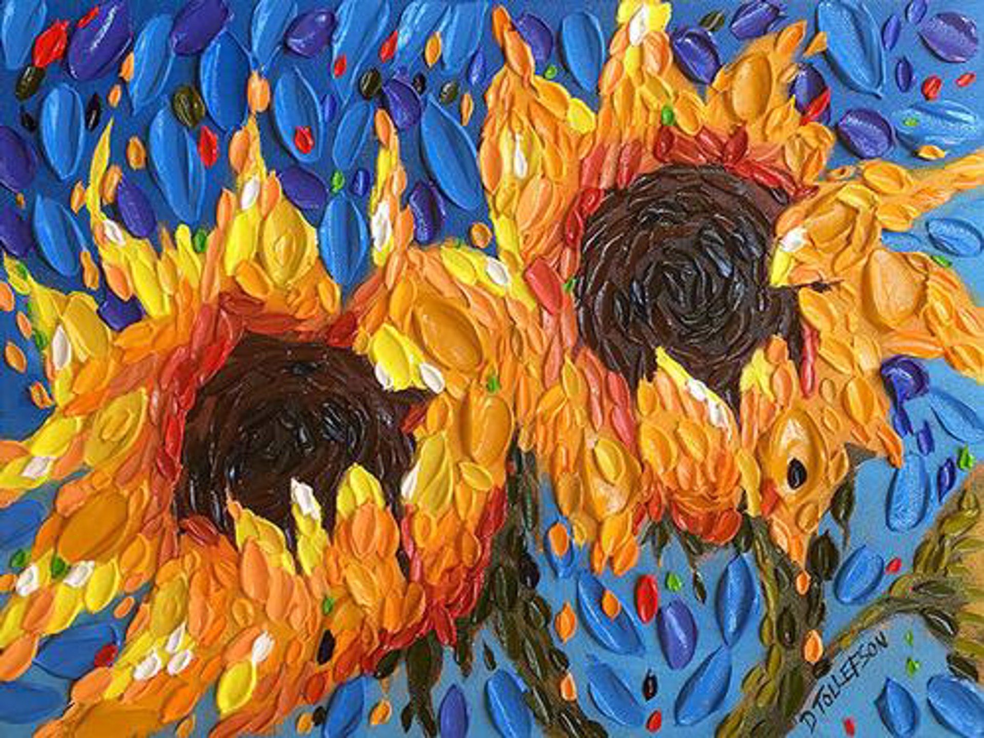 Sunflower Blues Celebration 30x30 Commission for Jim by Dena Tollefson