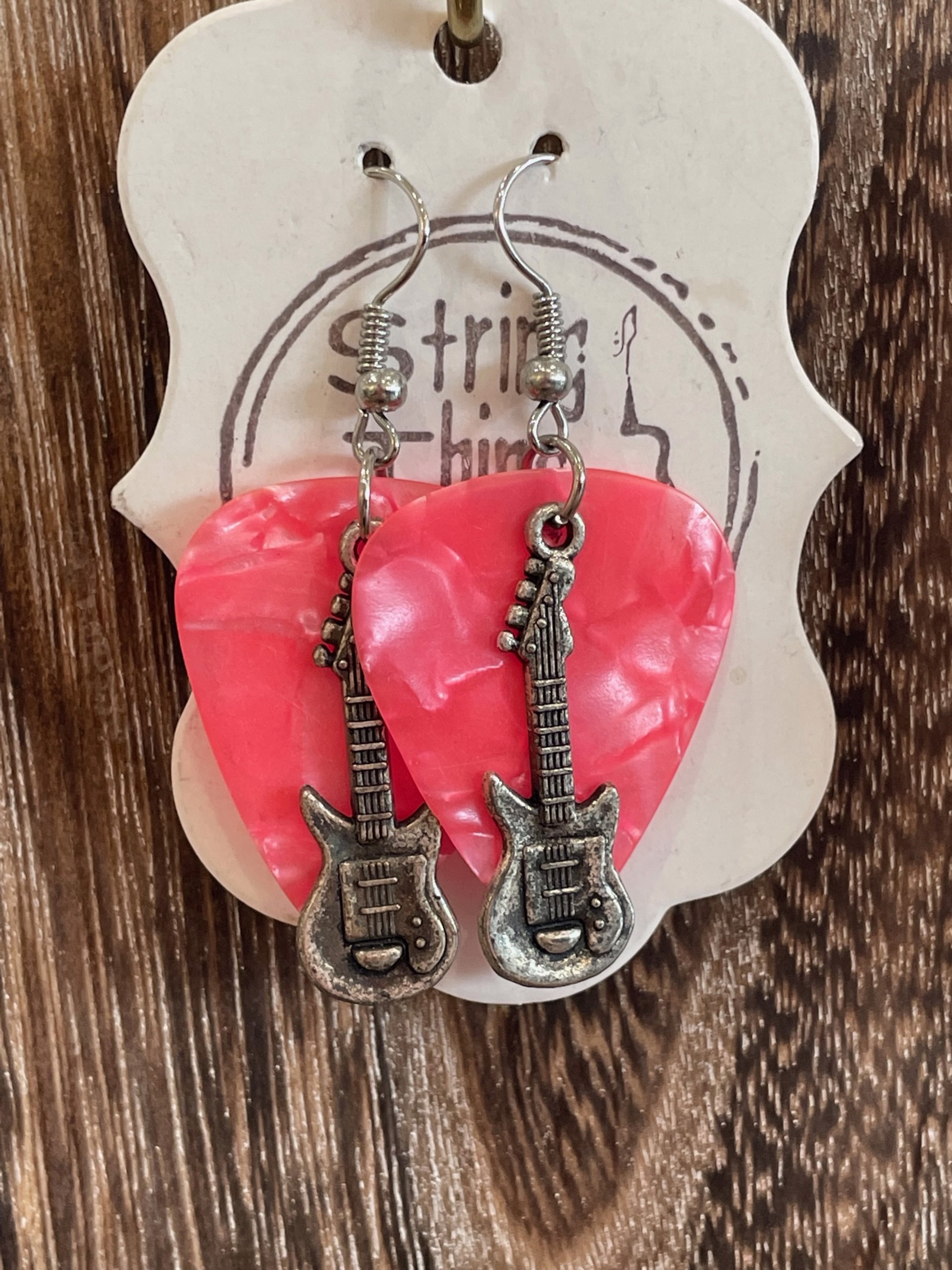 Pink Guitar Pick Earrings by String Thing Designs
