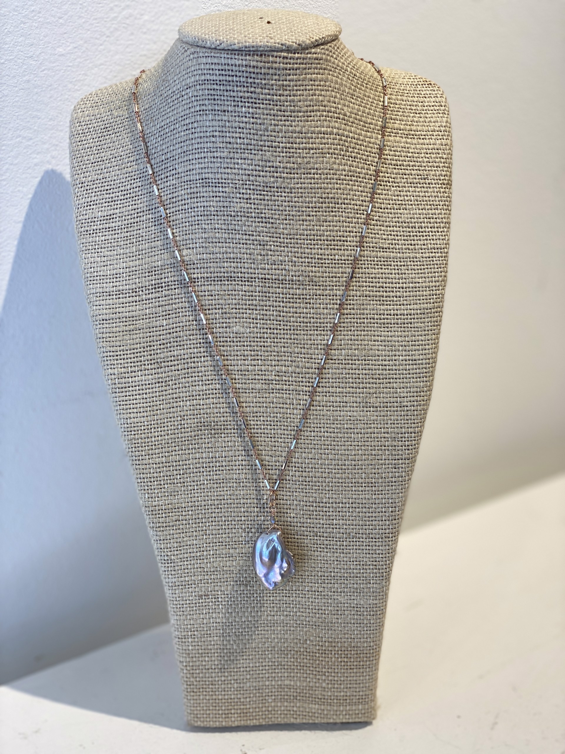 Keshi Pearl pendant on Rose Gold Vermeil and Swarovski crystal by Ann Marie Hodrick