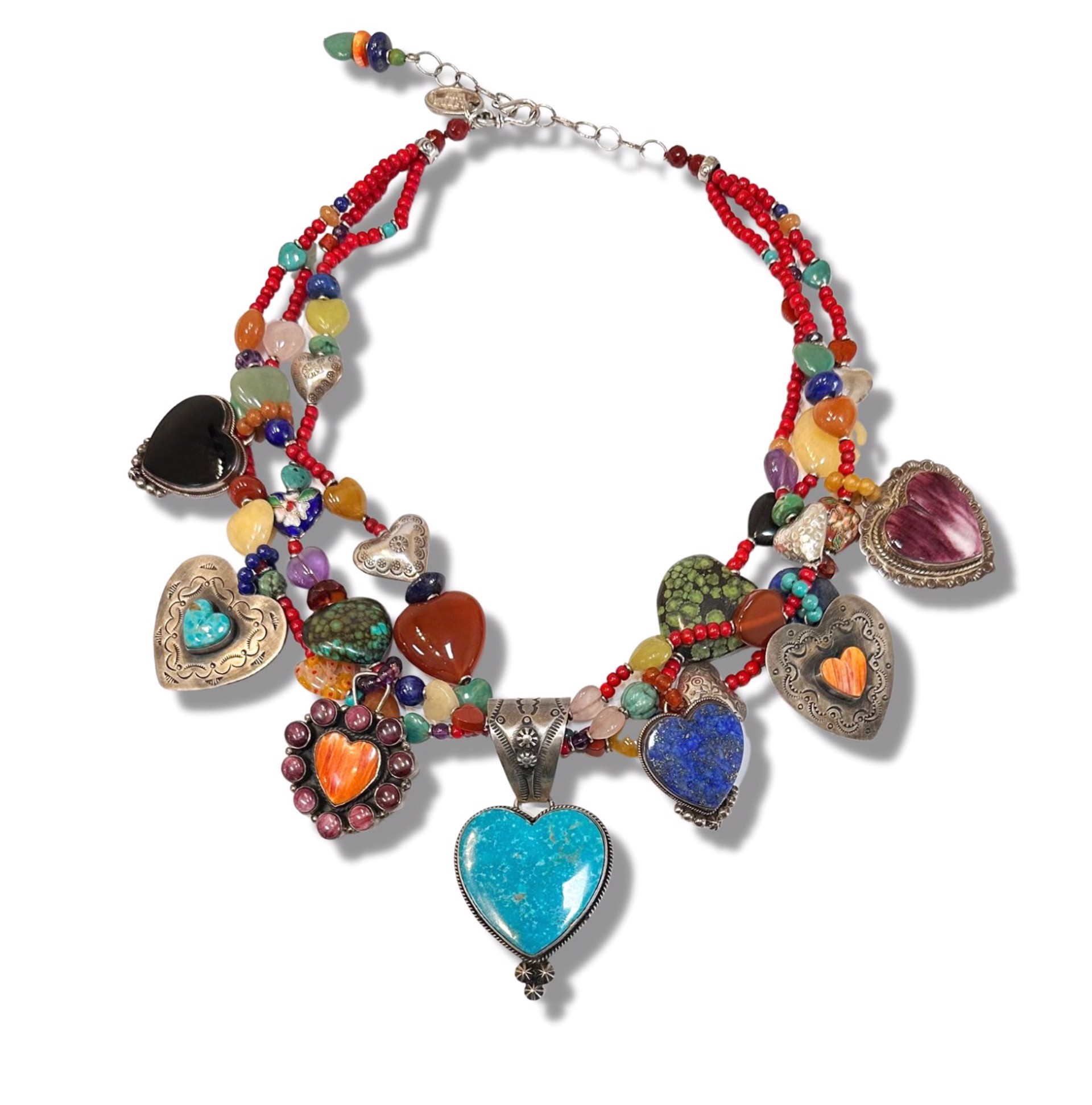 Necklace - 3 Strand Multi Color Hearts with Turquoise Pendant set in Sterling #111 by Kim Yubeta