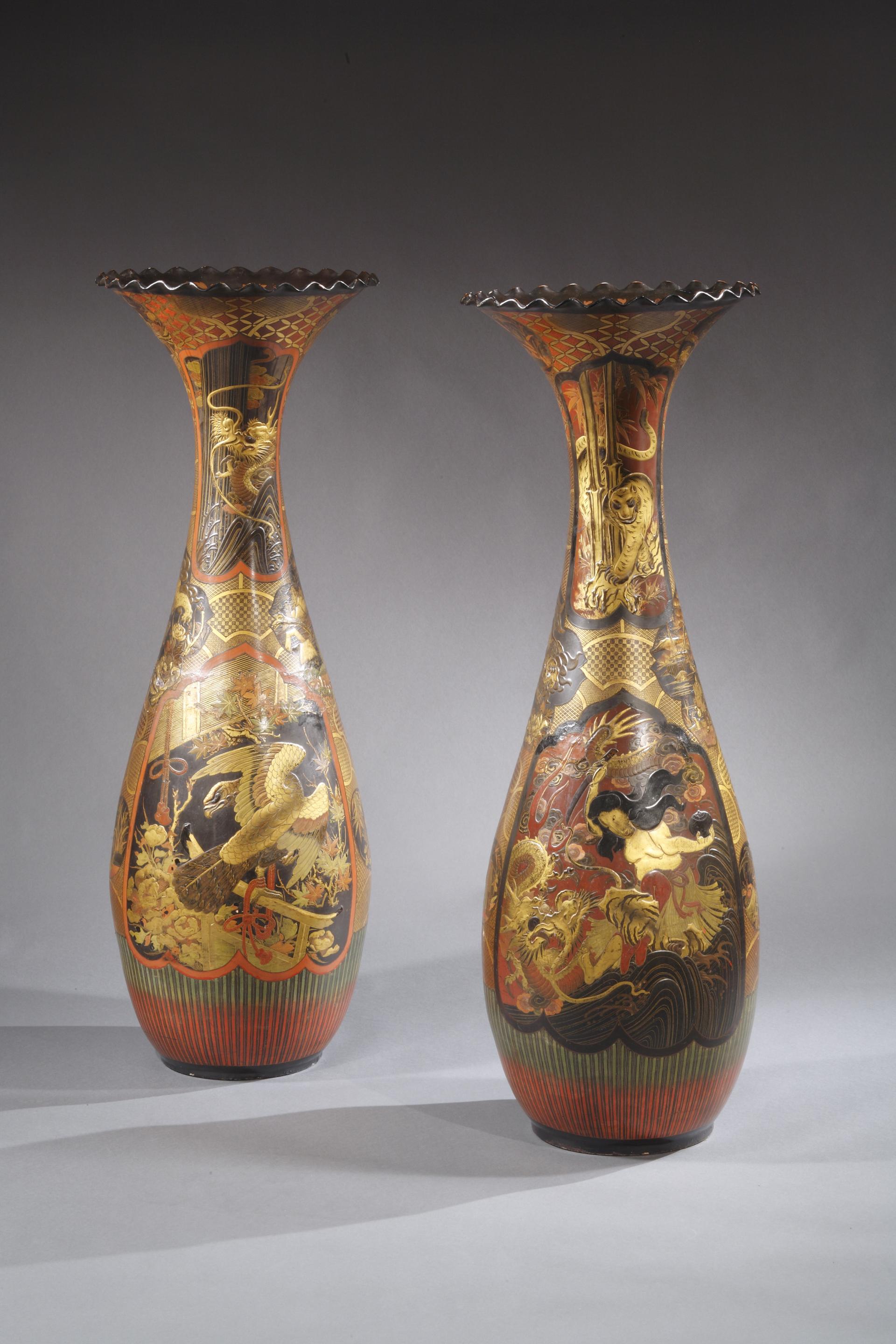PAIR OF LACQUERED PORCELAIN VASES