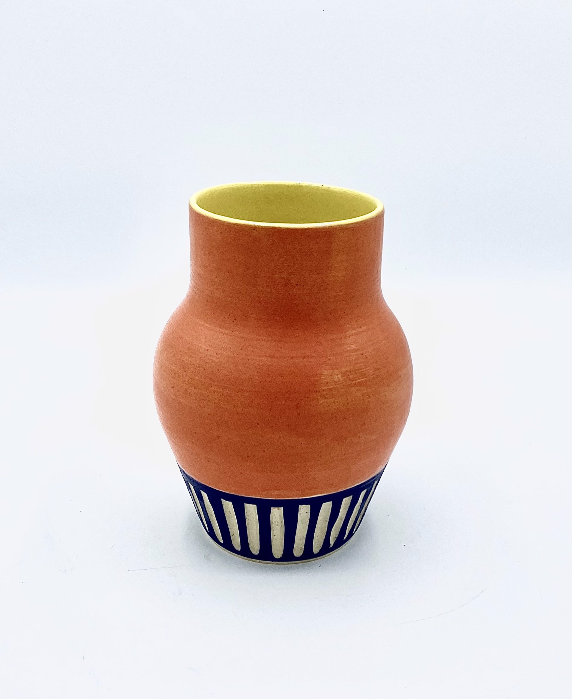 Orange Matte and Buttercup Yellow Glaze Carved Vase by Messy Pots Pottery
