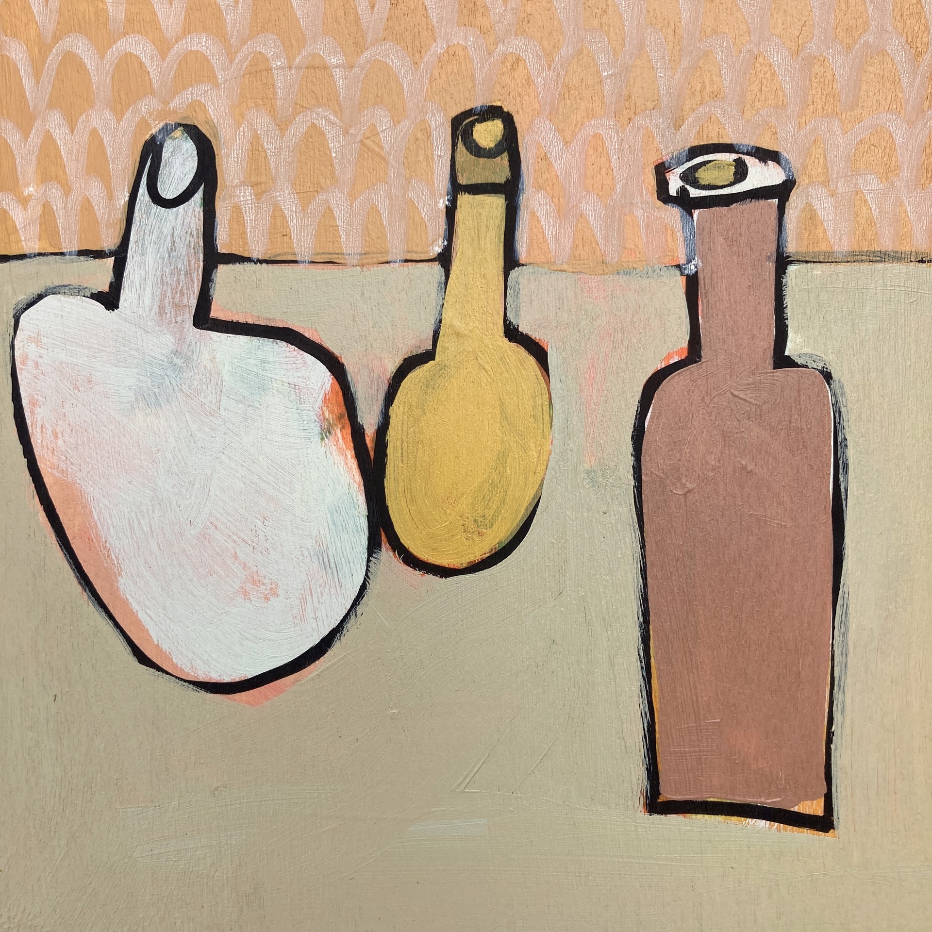 Pale Blue, Mustard Yellow, and Mauve Bottles by Rachael Van Dyke