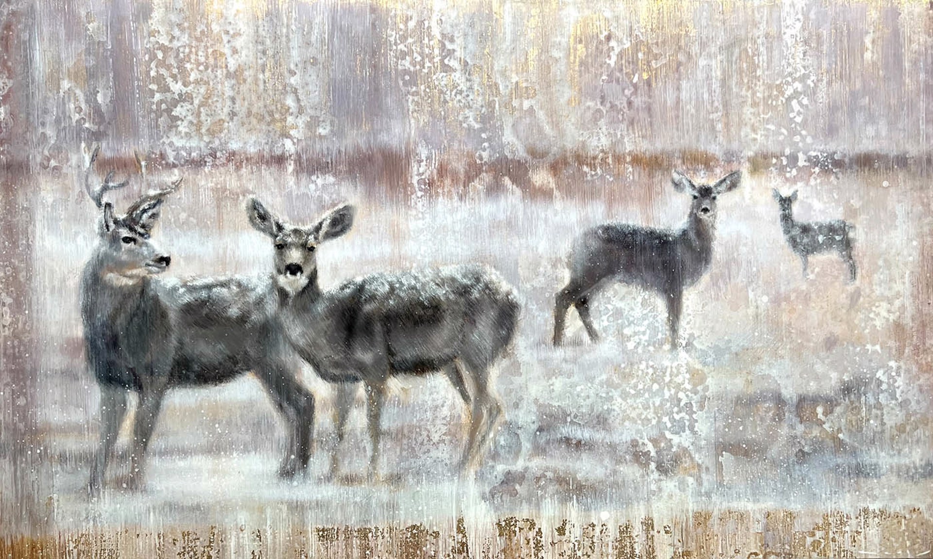 Original Acrylic Painting By Nealy Riley Featuring A Herd Of Deer Over Abstracted Landscape Background In Neutral Tones With Gold Leaf Details