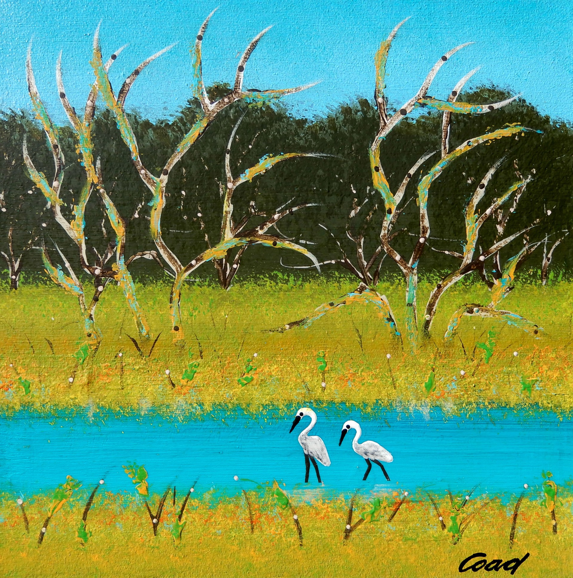 Bright coloured painting of wetland with birds in blues greens and aqua.