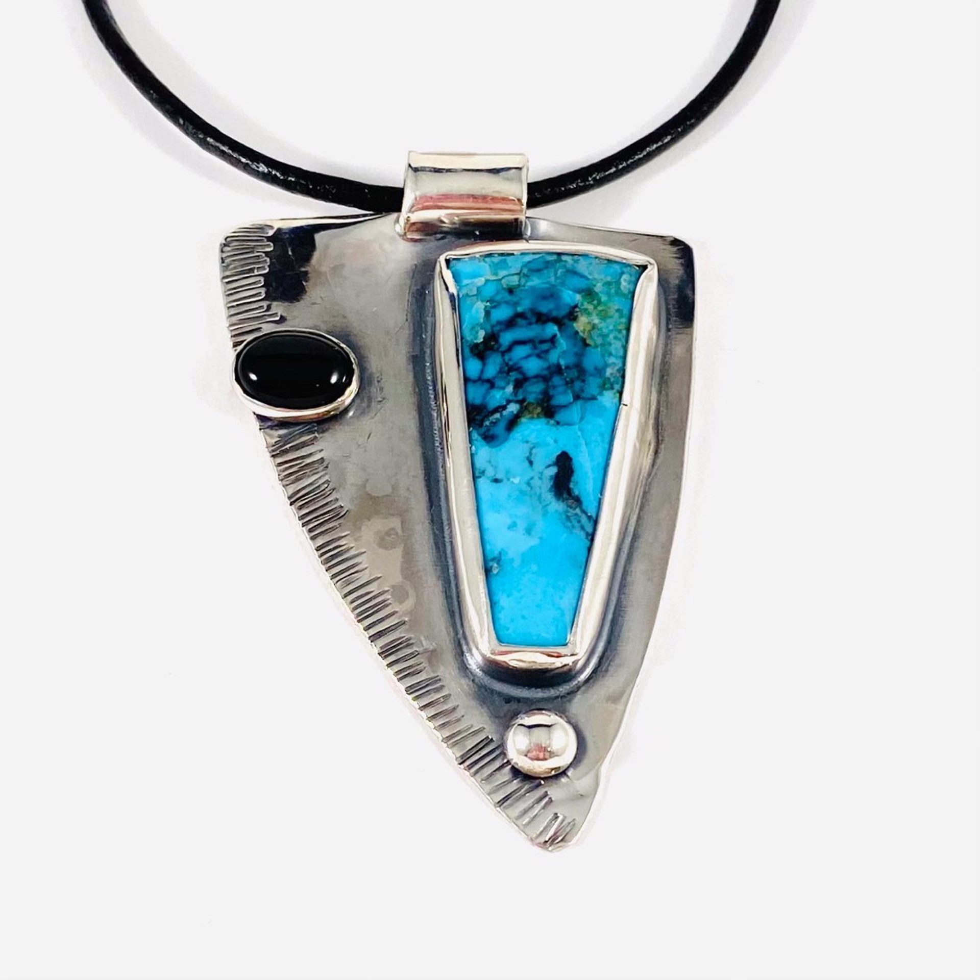 Rectangle Turquoise Small Oval Onyx Arrowhead Shape Pendant on Slim 18" Leather Necklace AB22-85 by Anne Bivens