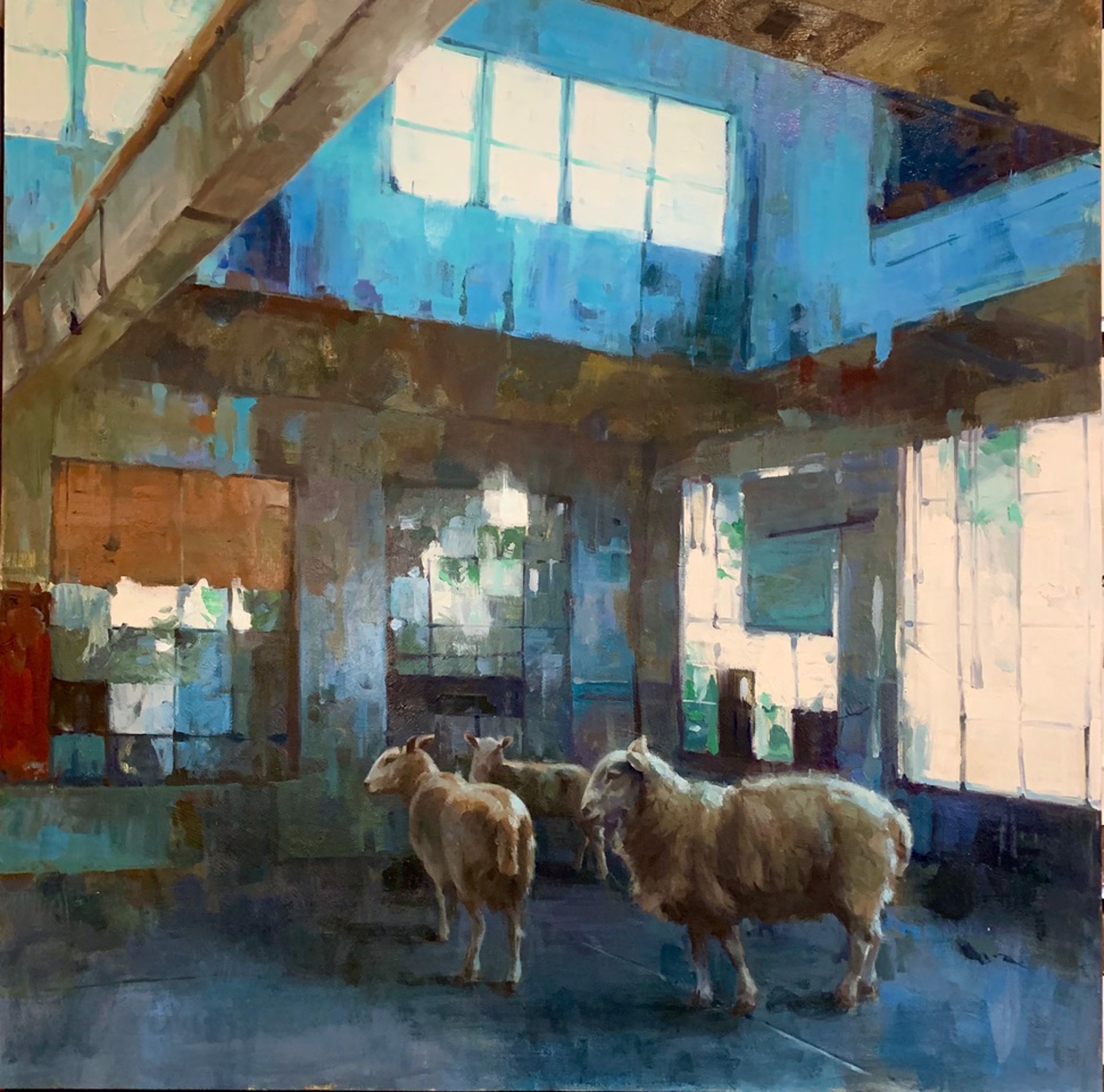 Thought Provoking Oil Painting Of Sheep Inside Abandoned Warehouse, By Larry Moore, Available At Gallery Wild 