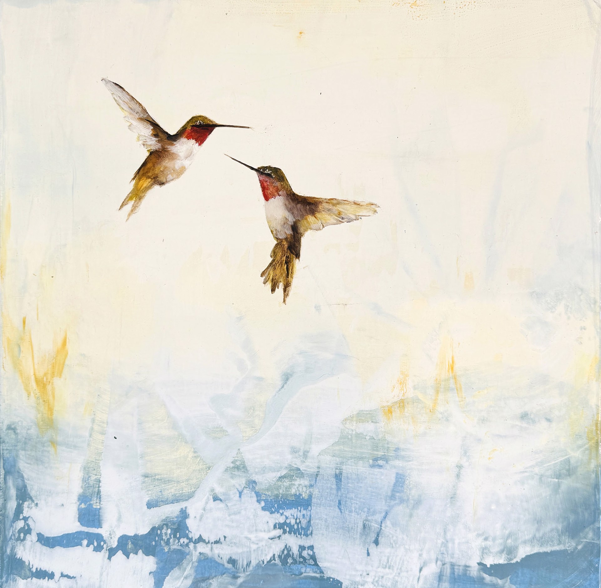Original Oil Painting By Jenna Von Benedikt Featuring Two Hummingbirds On Abstract Blue Background