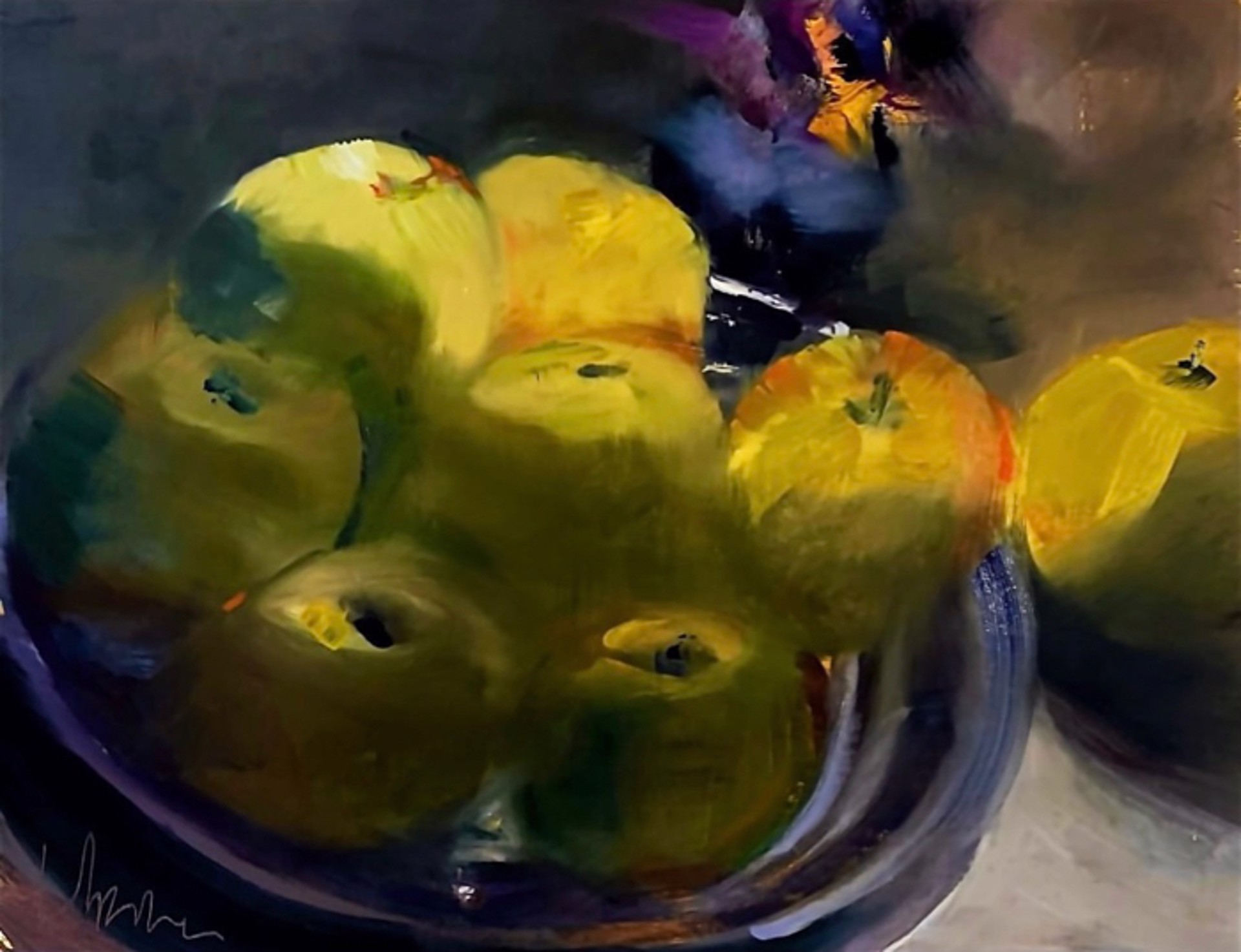 Apples on Blue Plate by Ingrid Derrickson