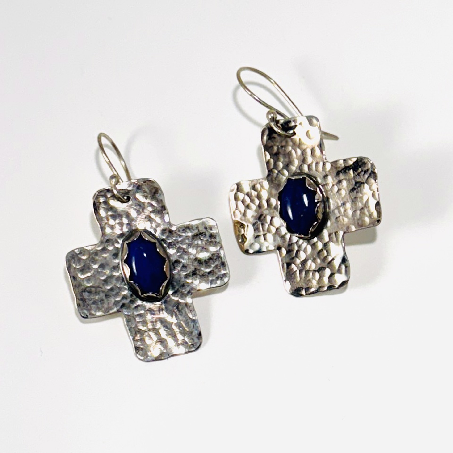 Lapis on Hammered Silver Cross Earrings AB23-87 by Anne Bivens