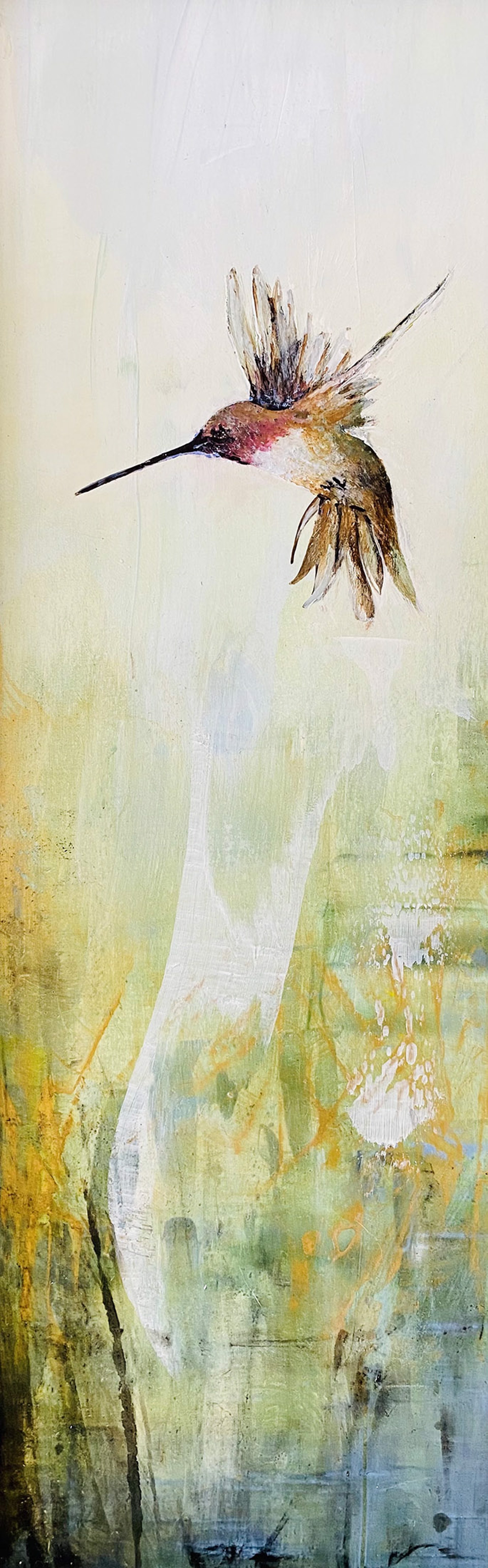 Single Hummingbird In Flight Held In Above Abstracted Veils Of Warm Greens , Insinuated Foliage
