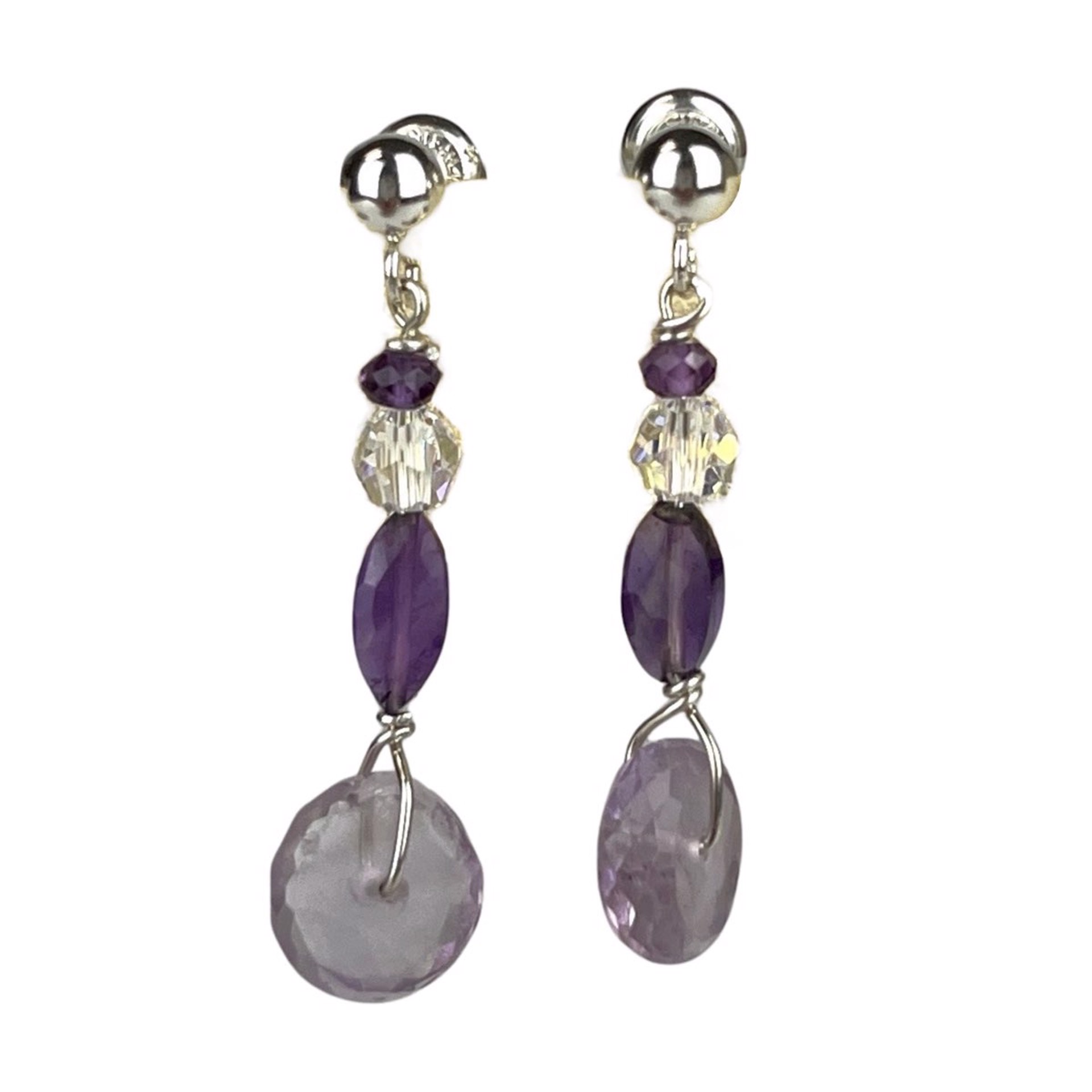 Faceted Amethyst Discs with Amethyst & Swarovski Sterling Silver Earrings by Nola Smodic