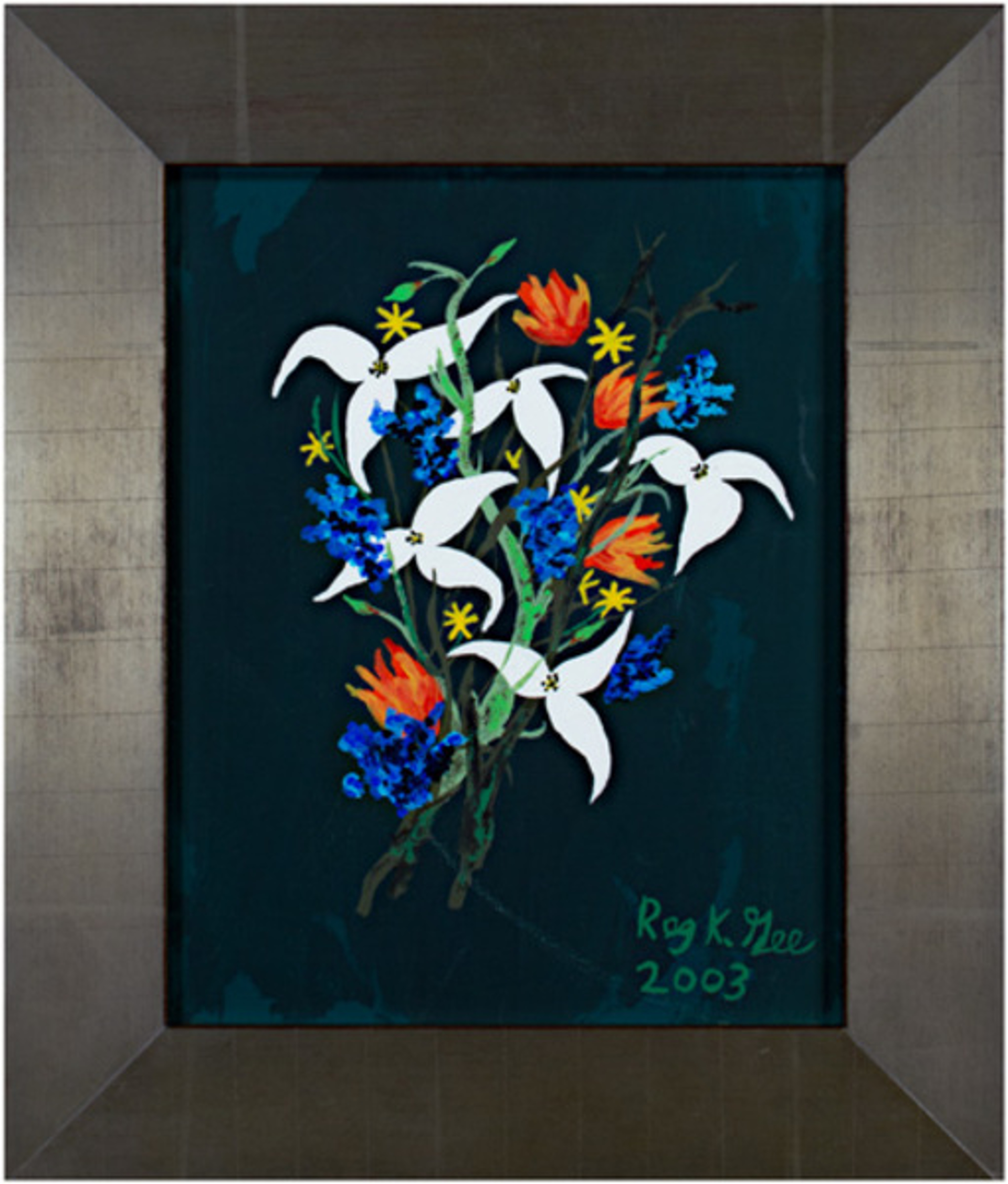 White & Blue Flowers on Dark Green Background by Reginald K. Gee