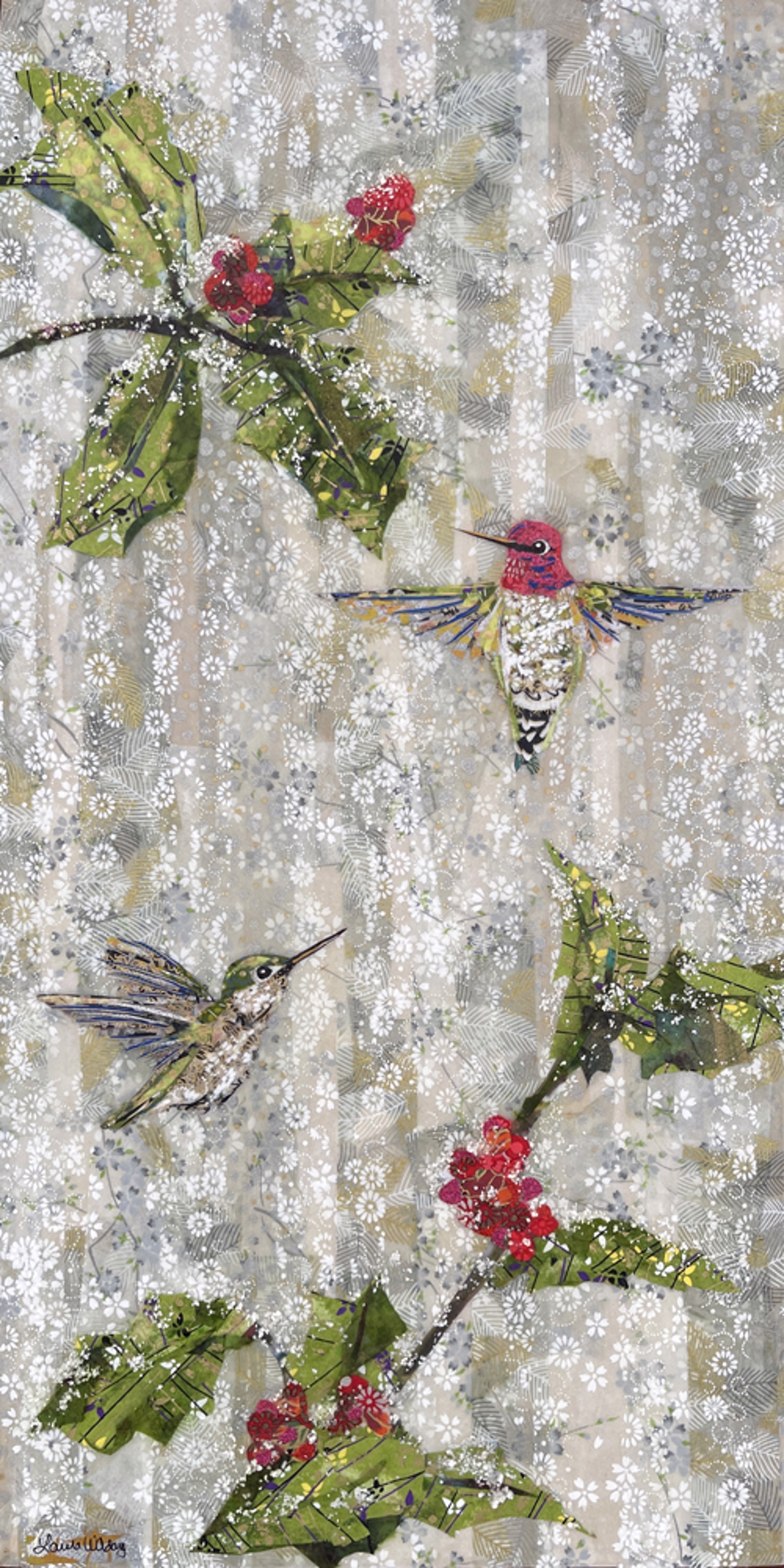 Anna's Hummingbirds in Snow by Laura Adams