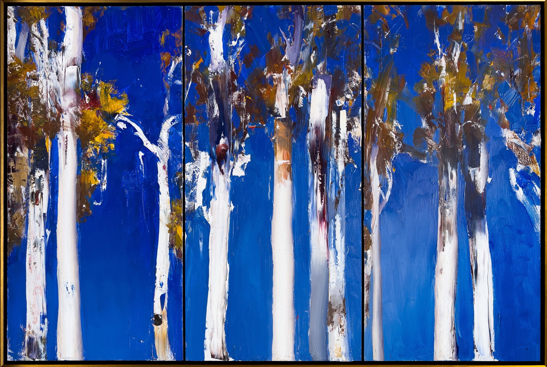Ken Knight painting of gumtrees on a blue sky background