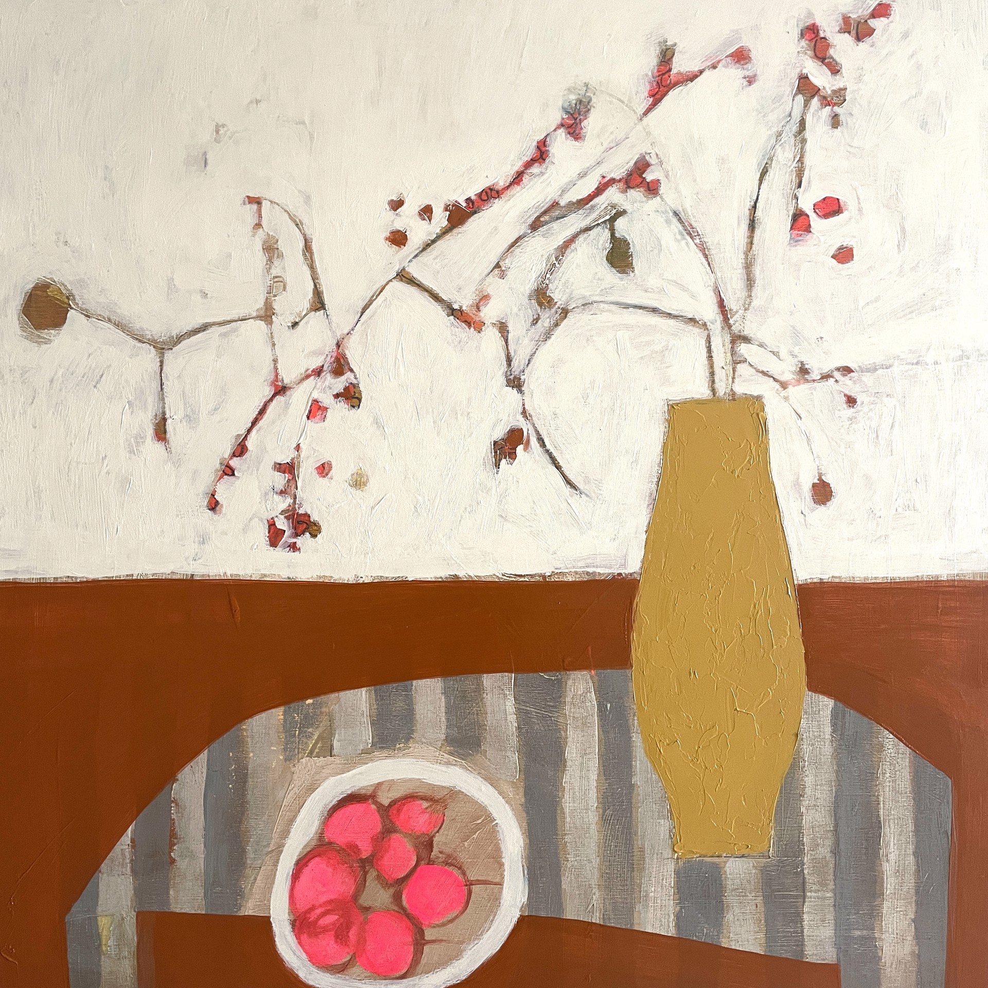 Cherries and Bittersweet on Striped Table by Rachael Van Dyke