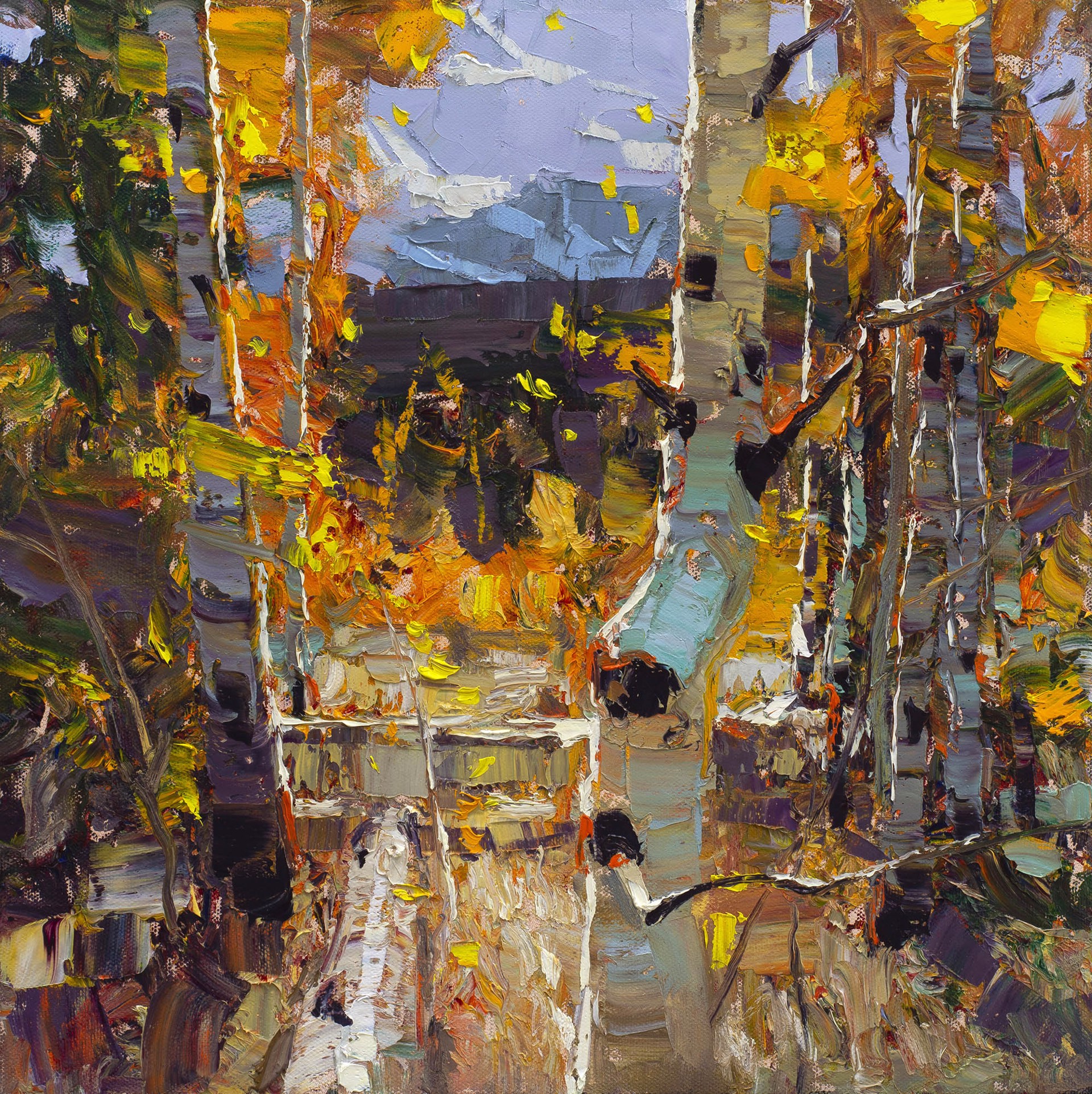 Fall Foliage Scene Mountain Background Palette Knife Painting By Silas Thompson