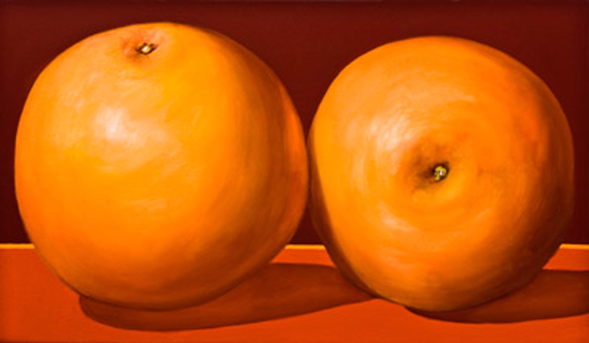 Two Oranges on Burgundy Brown by Bill Chisholm