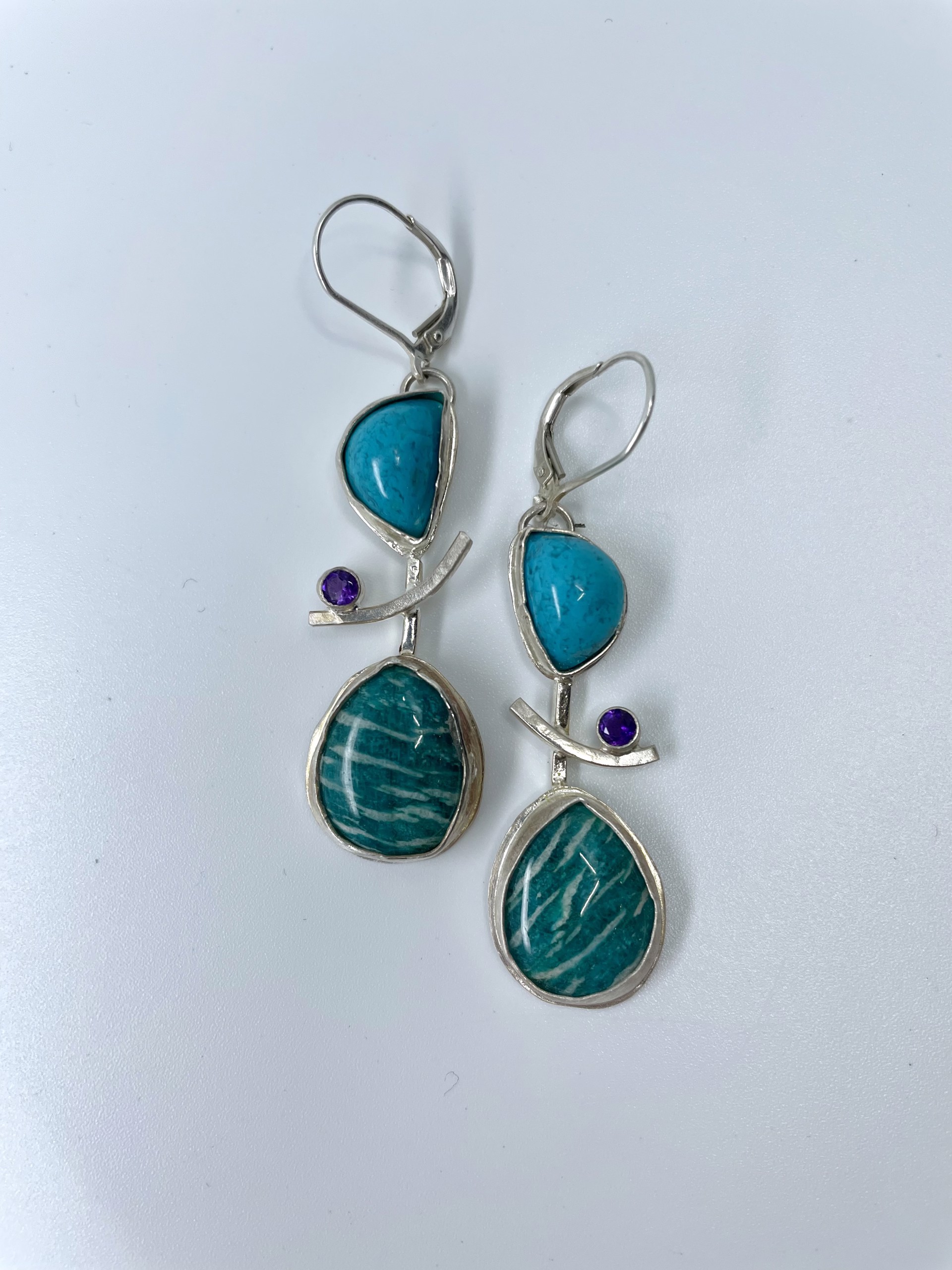 1211 Striped Amazonite, Amazonite with a small Amethyst Earrings by Suzanne Brown