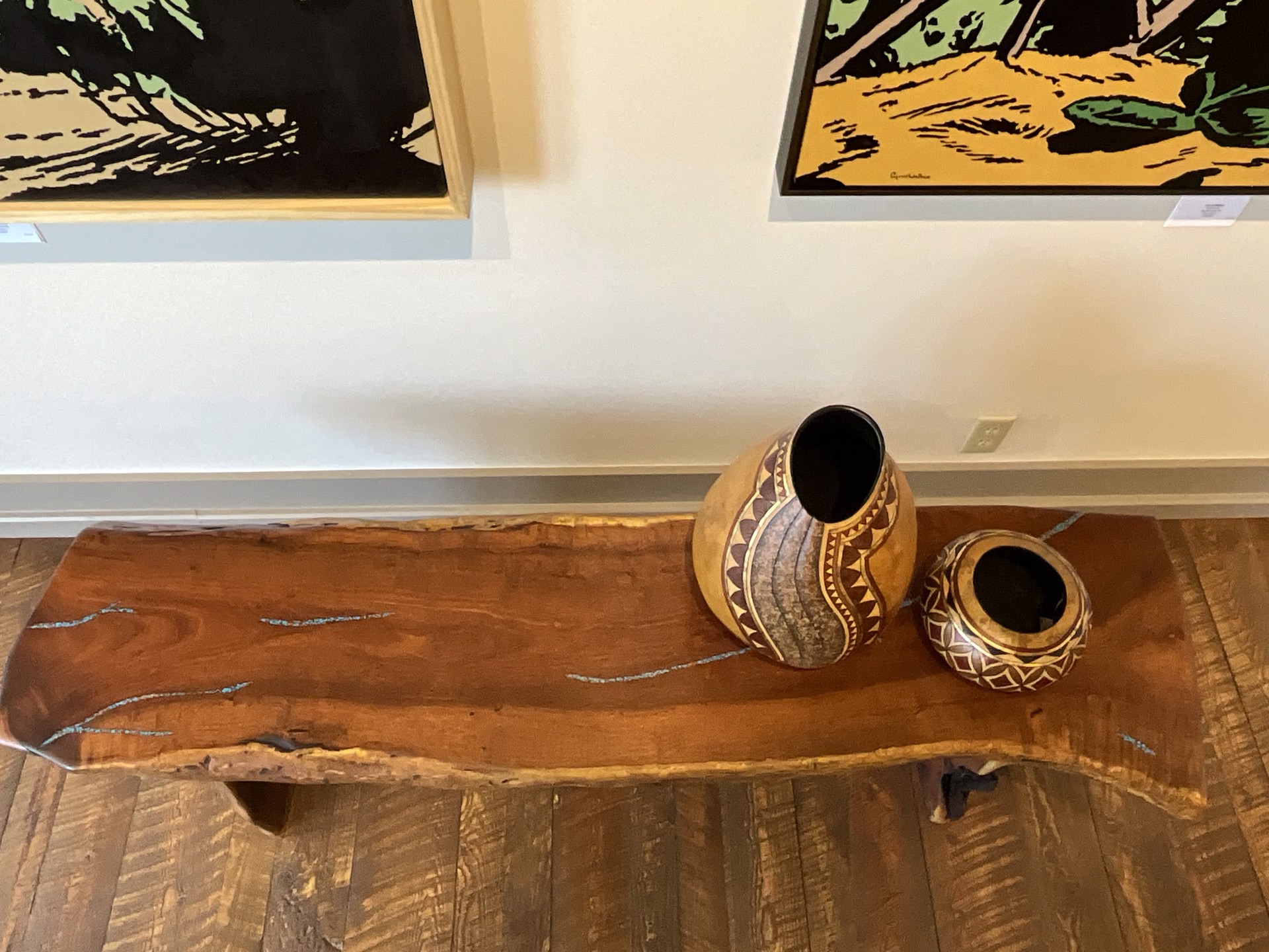 Mesquite Live Edge Bench with Turquoise Inlay | Cassens Fine Art