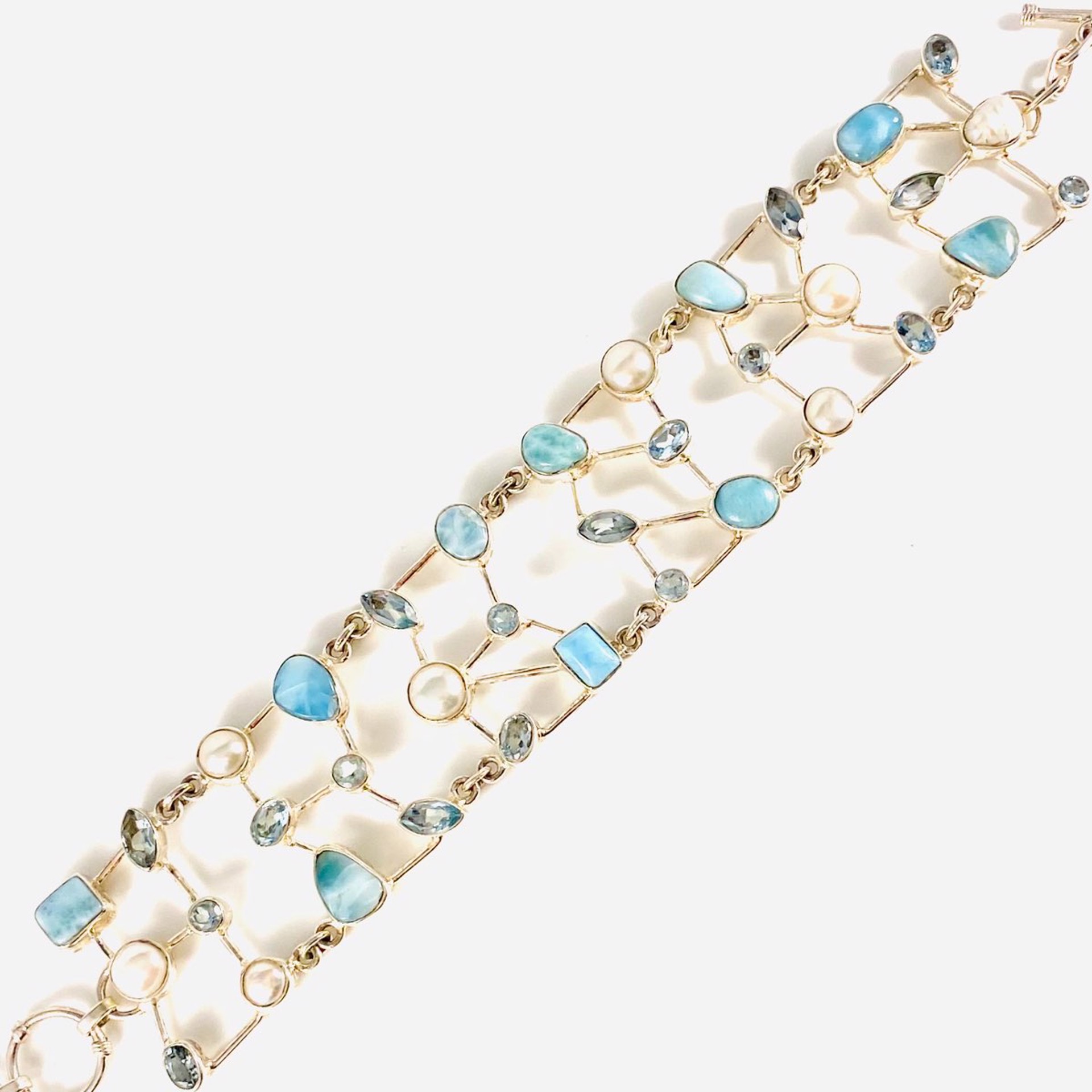 MON22-SB 876 One of A Kind Larimar Blue Topaz Pearl Bracelet with 1.5" ext by Monica Mehta